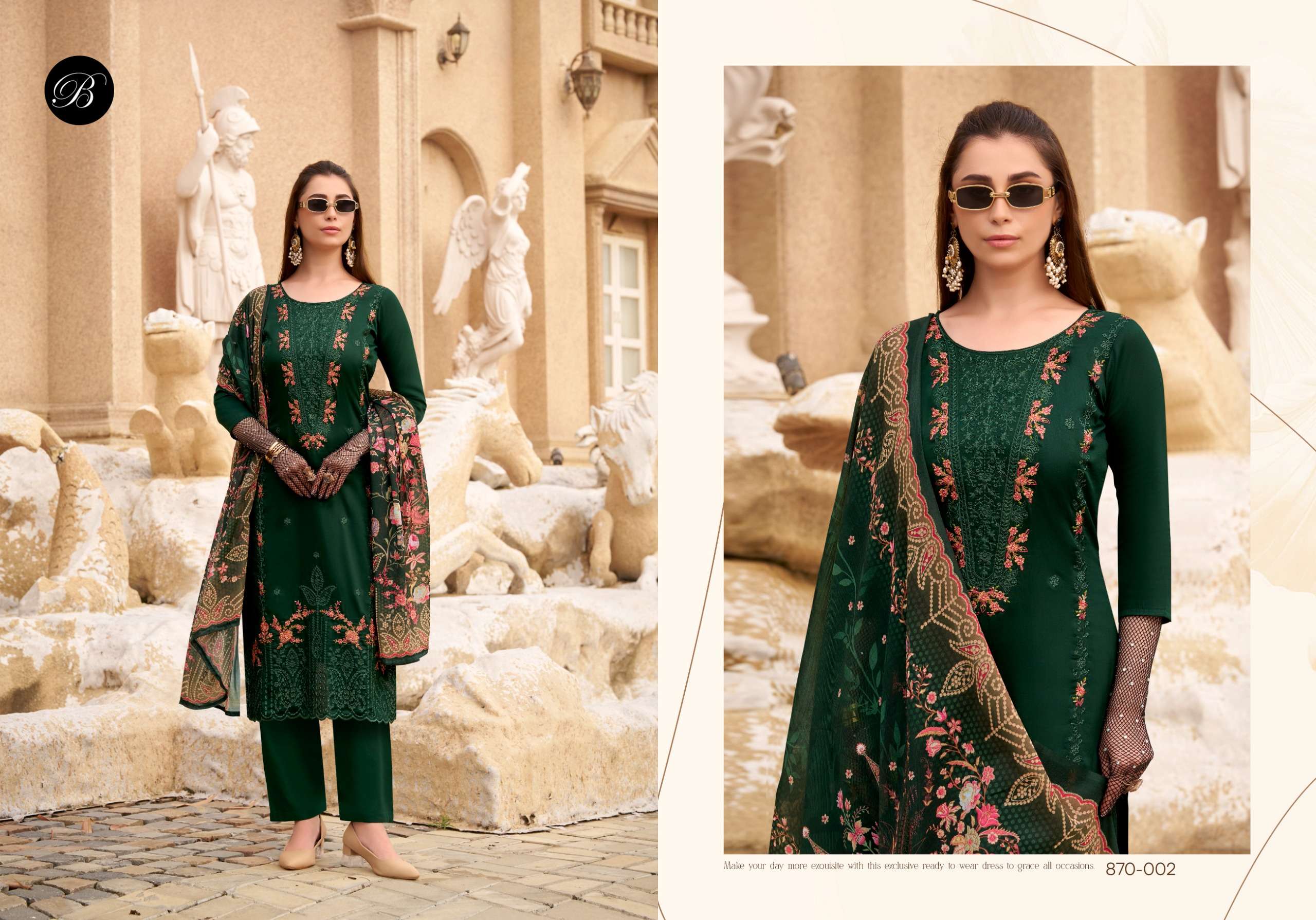 BELLIZA DESIGNER STUDIO ZARQASH VOL 7 JAM SATIN PRINT WITH FANCY WORK SUIT