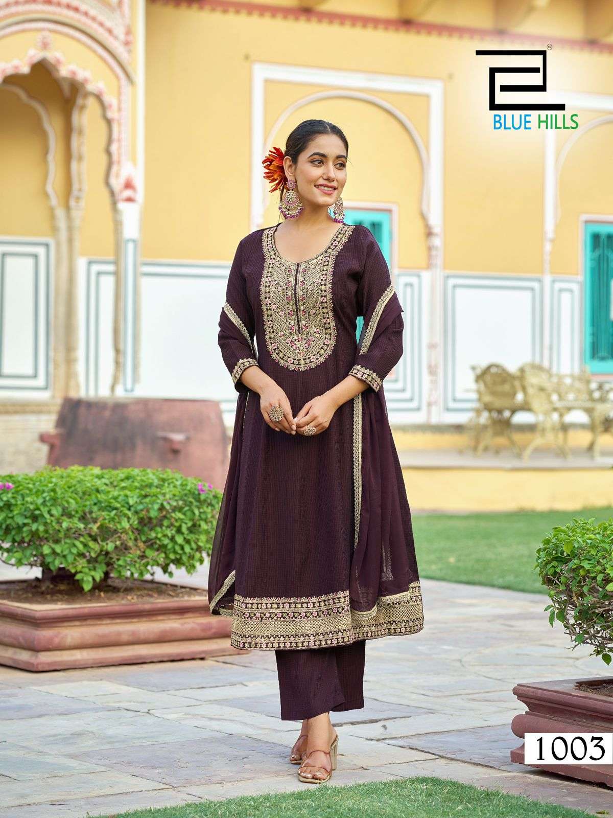 BLUE HILLS MUMTAZ RAYON FANCY DESIGNER WORK ANARKALI STYLE KURTI COMBO SET 