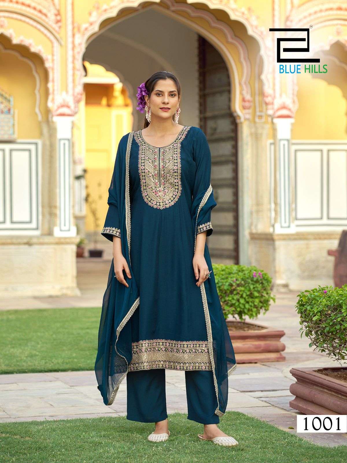 BLUE HILLS MUMTAZ RAYON FANCY DESIGNER WORK ANARKALI STYLE KURTI COMBO SET 