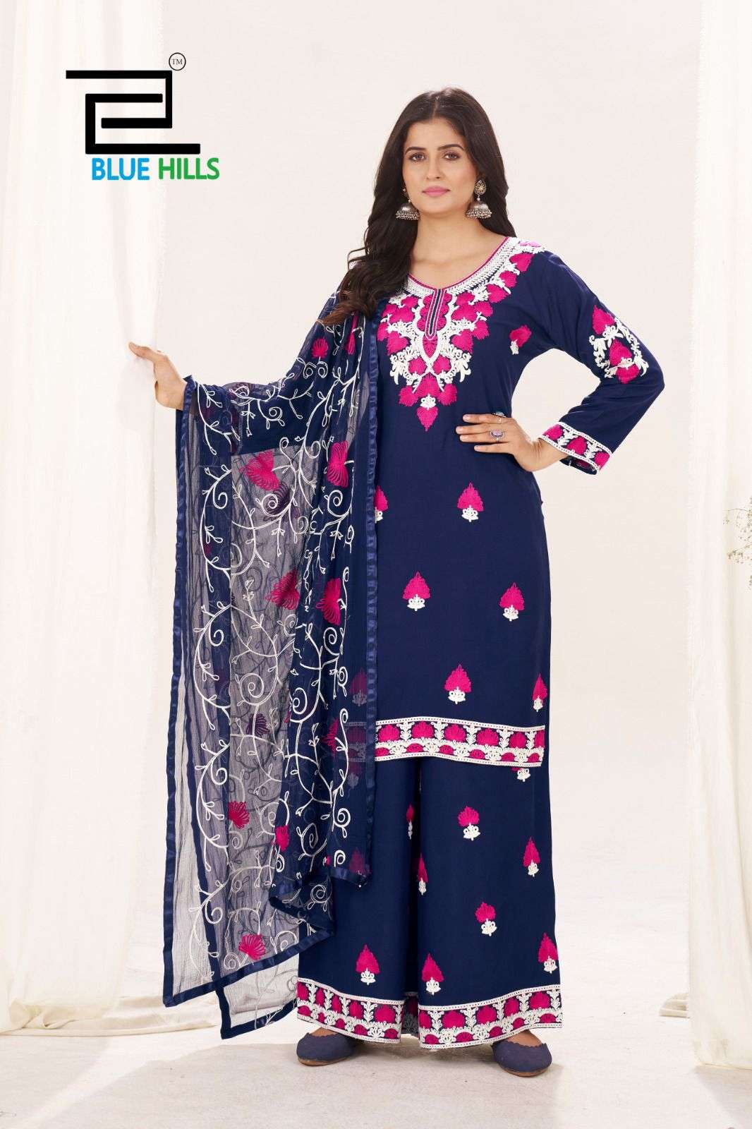 BLUE HILLS PINK LOTUS RAYON FANCY EMBROIDERIES WORK LADIES KURTI COMBO SET 