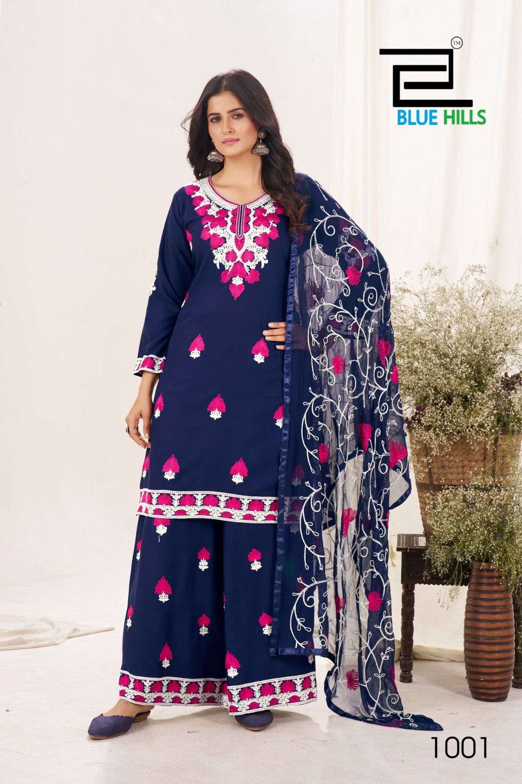 BLUE HILLS PINK LOTUS RAYON FANCY EMBROIDERIES WORK LADIES KURTI COMBO SET 