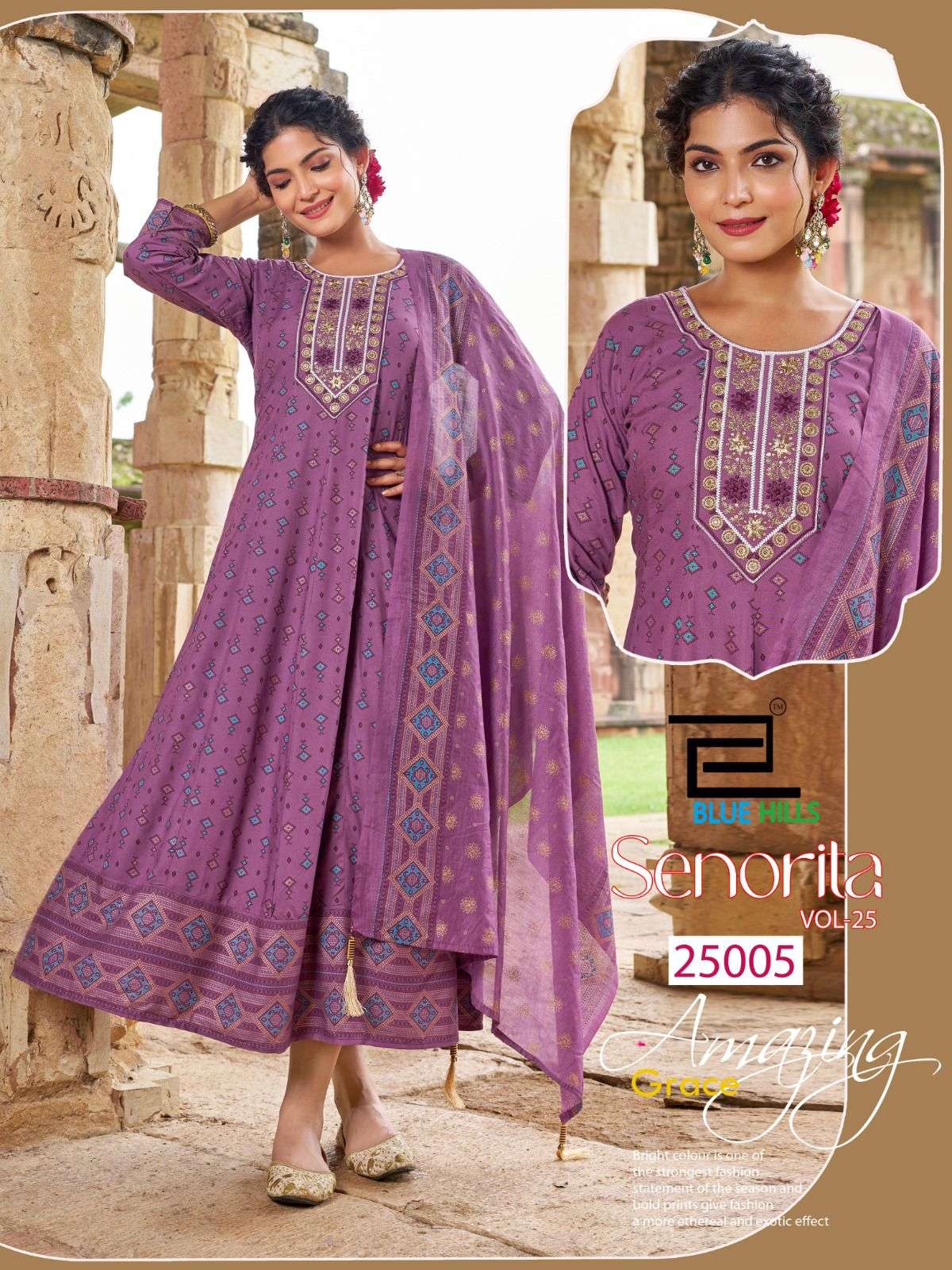 BLUE HILLS SENORITA VOL 25 RAYON FANCY WORKS ANARKALI GOWN WITH DUPATTA SET 