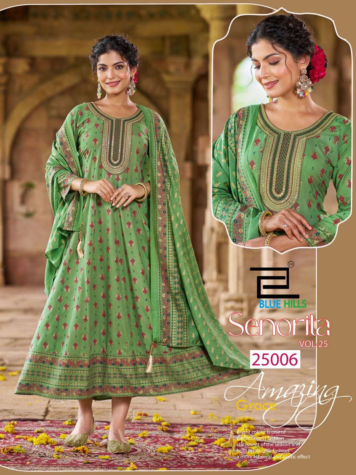 BLUE HILLS SENORITA VOL 25 RAYON FANCY WORKS ANARKALI GOWN WITH DUPATTA SET 
