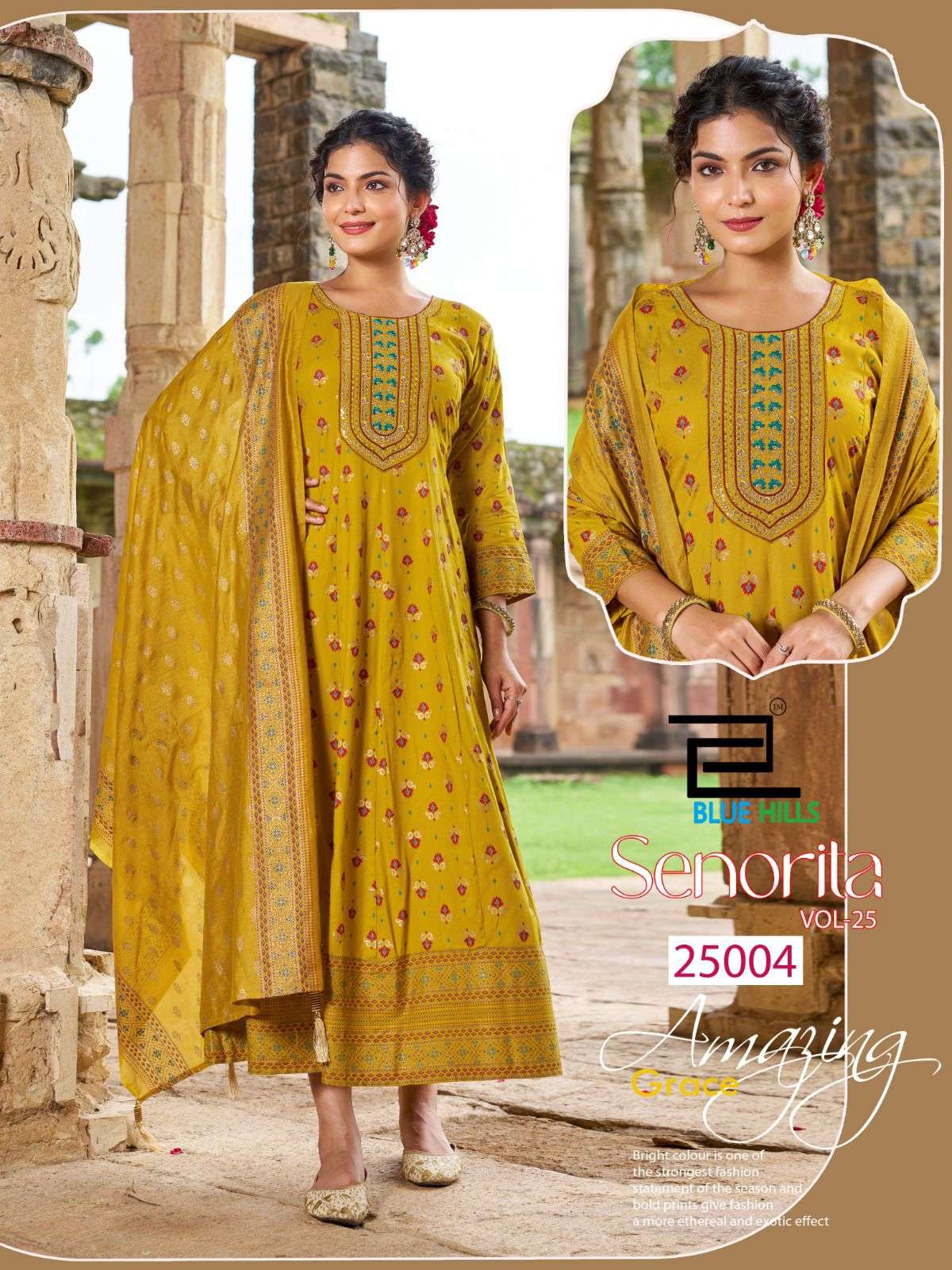 BLUE HILLS SENORITA VOL 25 RAYON FANCY WORKS ANARKALI GOWN WITH DUPATTA SET 