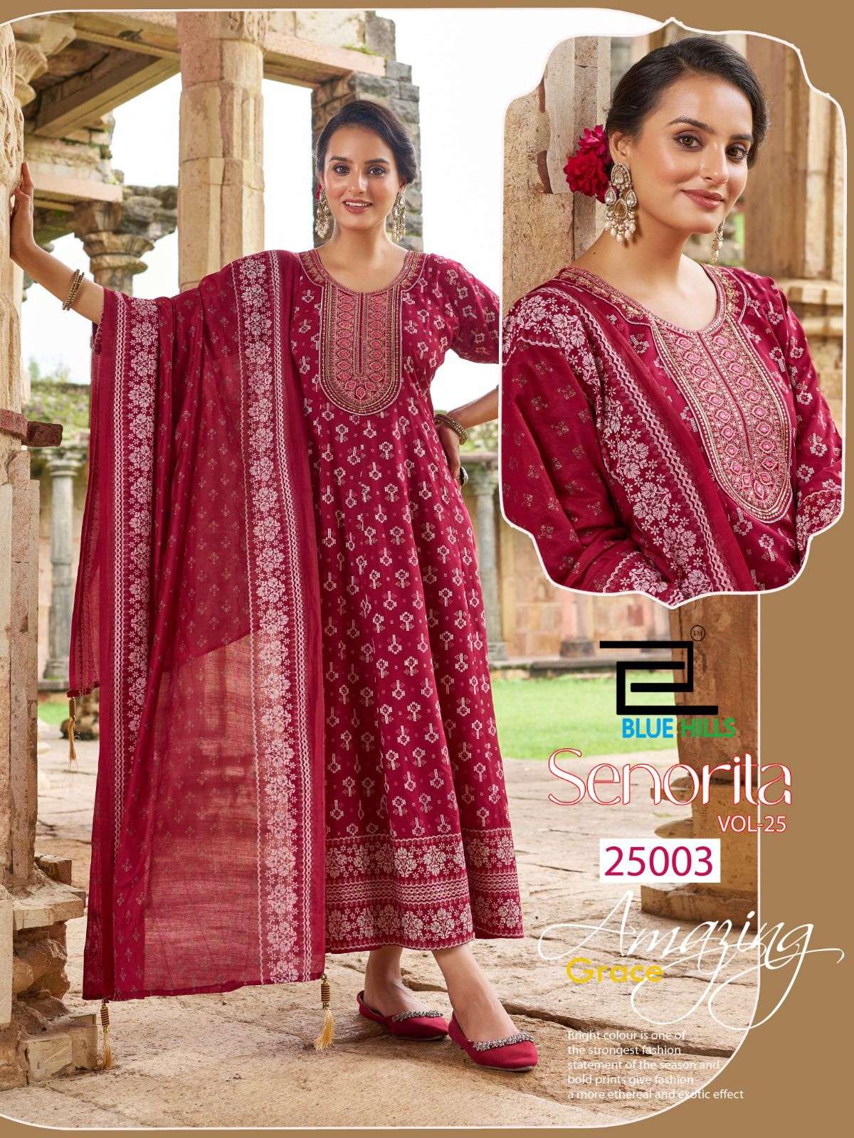 BLUE HILLS SENORITA VOL 25 RAYON FANCY WORKS ANARKALI GOWN WITH DUPATTA SET 