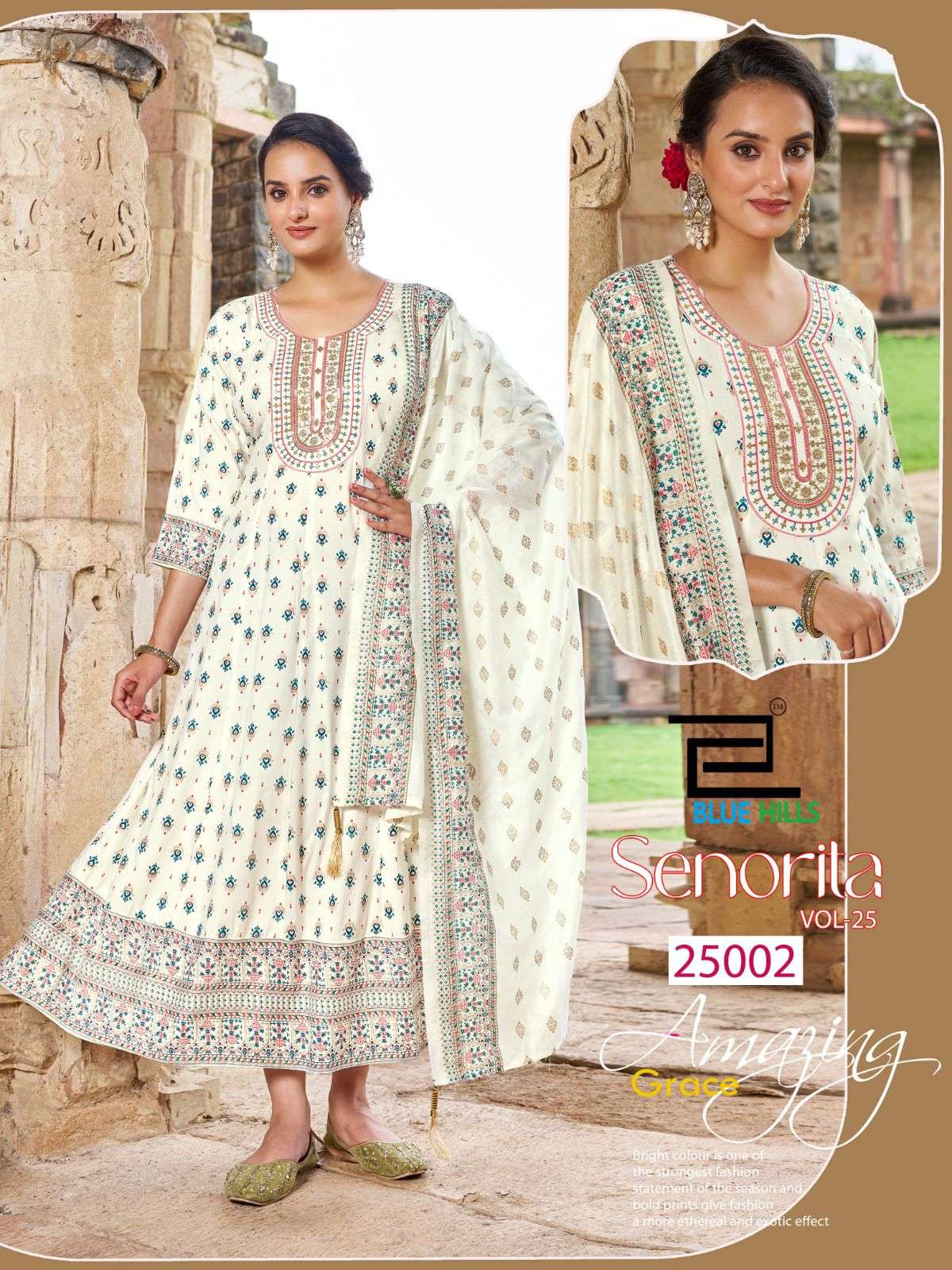 BLUE HILLS SENORITA VOL 25 RAYON FANCY WORKS ANARKALI GOWN WITH DUPATTA SET 
