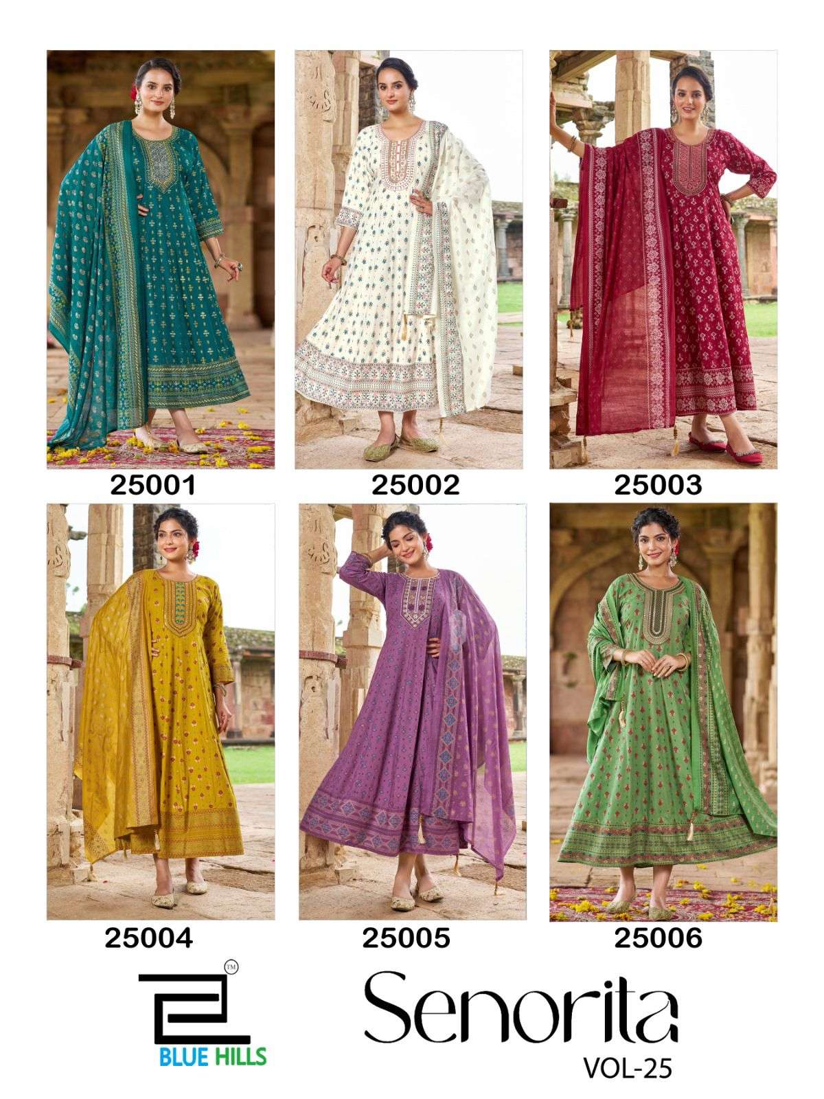 BLUE HILLS SENORITA VOL 25 RAYON FANCY WORKS ANARKALI GOWN WITH DUPATTA SET 