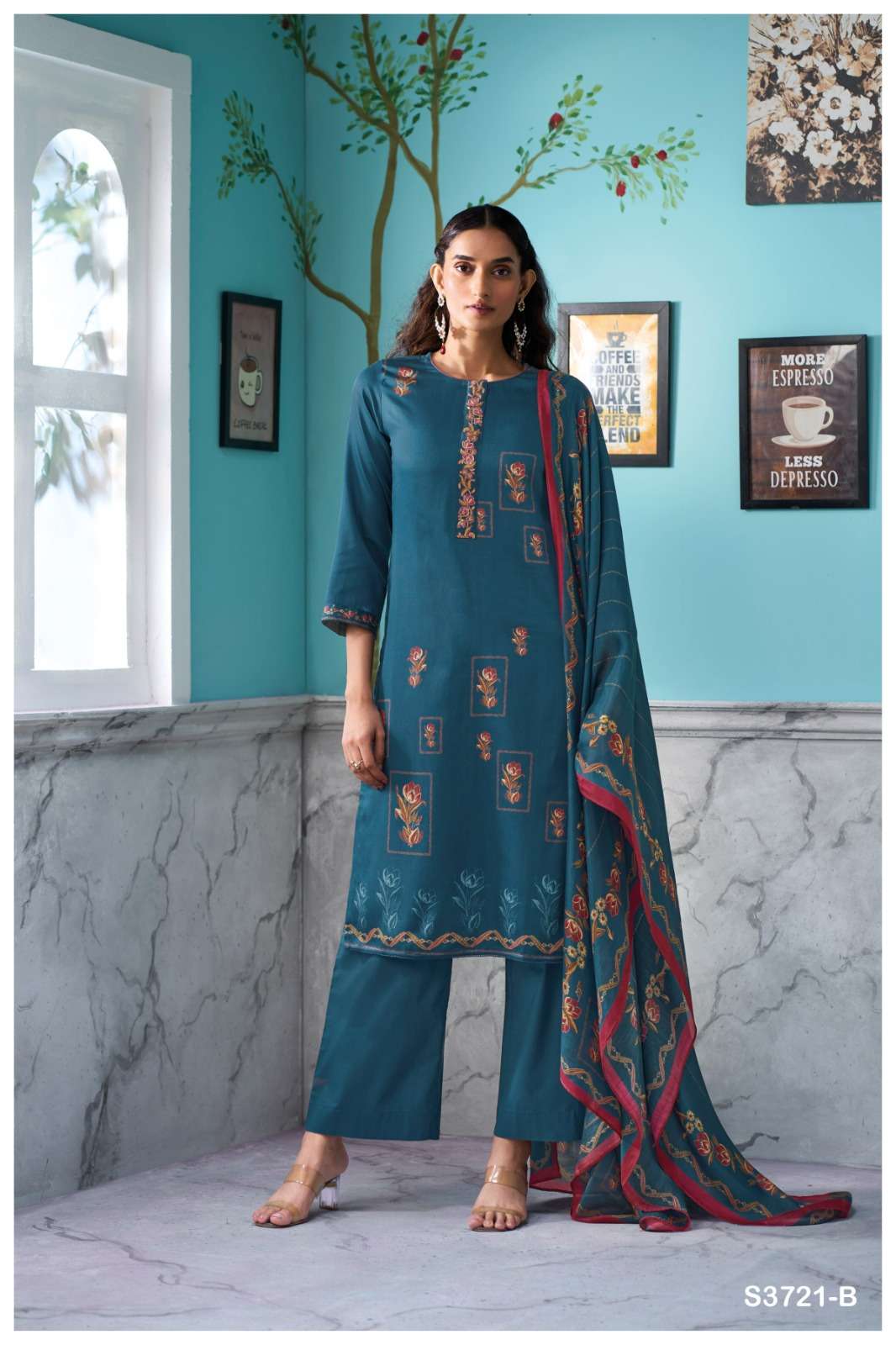 GANGA BREYATHI 3721 SATIN COTTON PRINTED WITH EMBROIDERY WORK SUIT