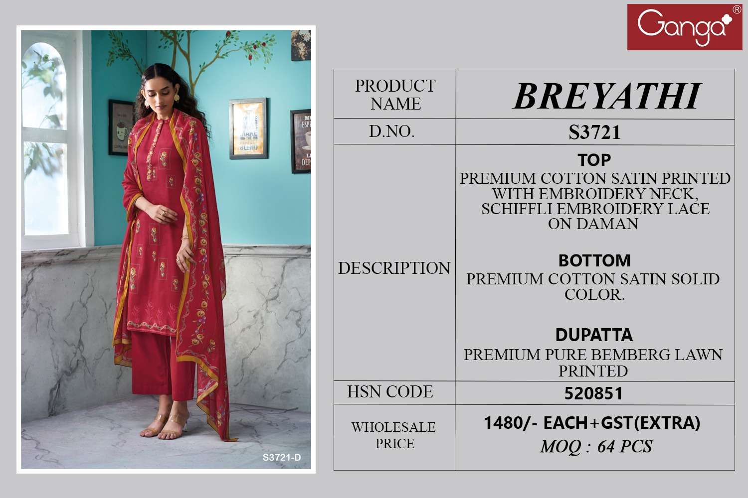 GANGA BREYATHI 3721 SATIN COTTON PRINTED WITH EMBROIDERY WORK SUIT