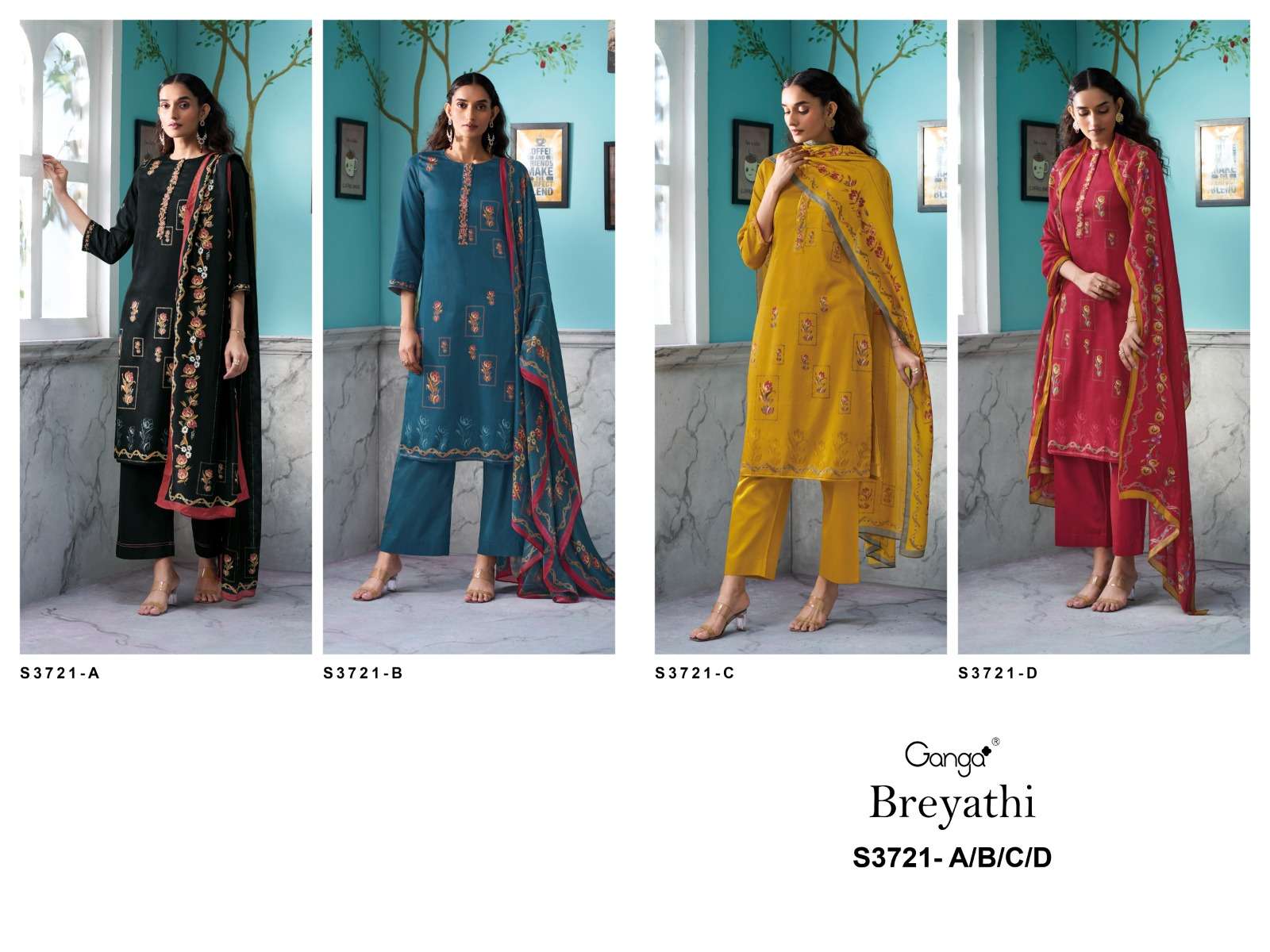 GANGA BREYATHI 3721 SATIN COTTON PRINTED WITH EMBROIDERY WORK SUIT