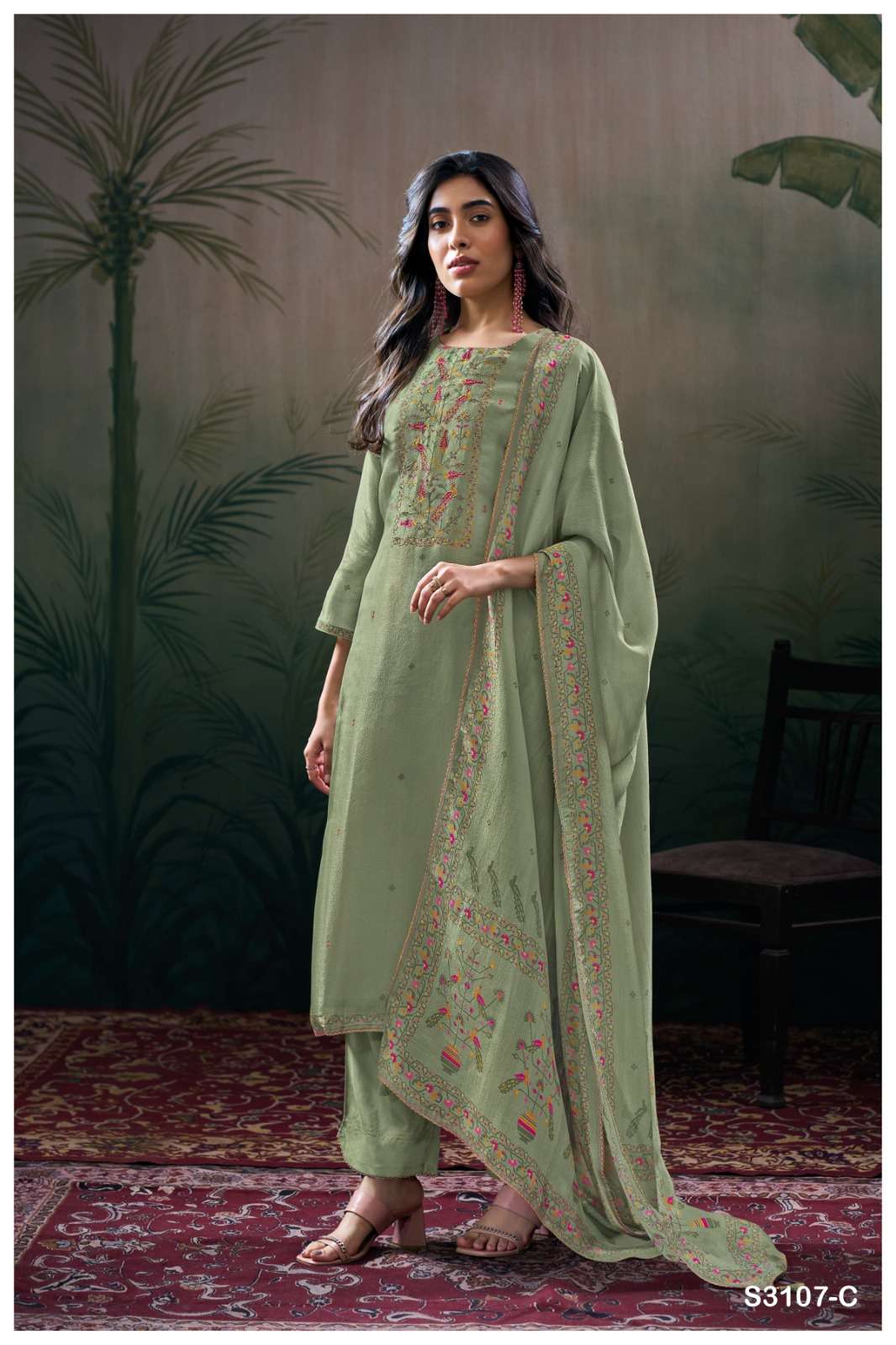 GANGA DHANVIKA 3107 SILK JACQUARD PRINTED WITH EMBROIDERY WORK SUIT
