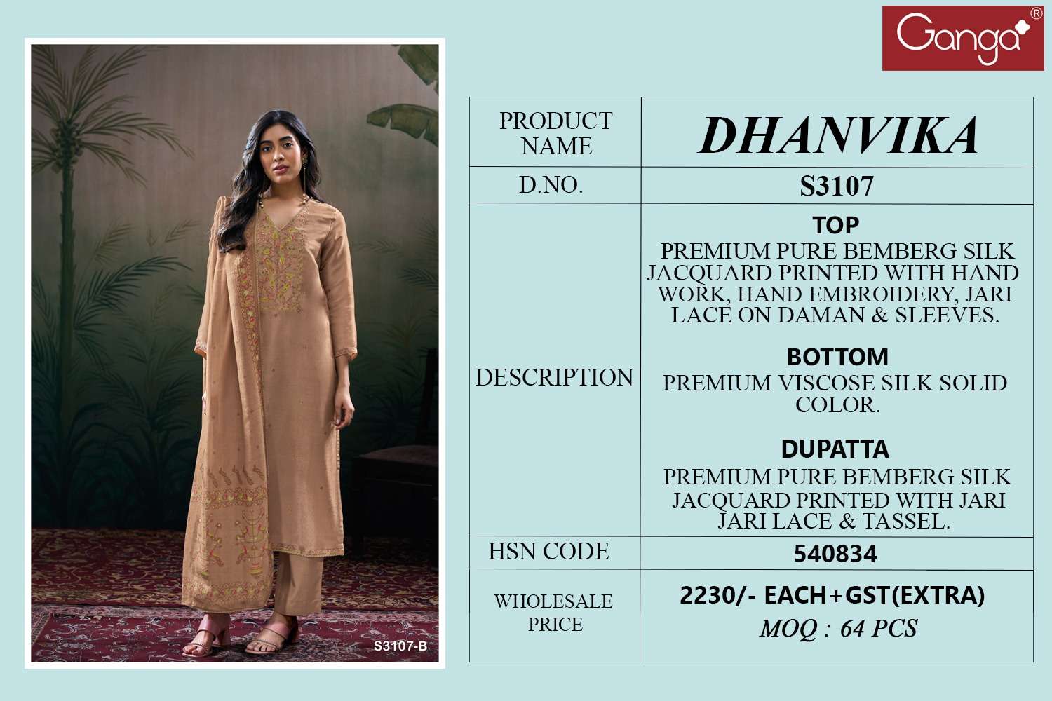 GANGA DHANVIKA 3107 SILK JACQUARD PRINTED WITH EMBROIDERY WORK SUIT