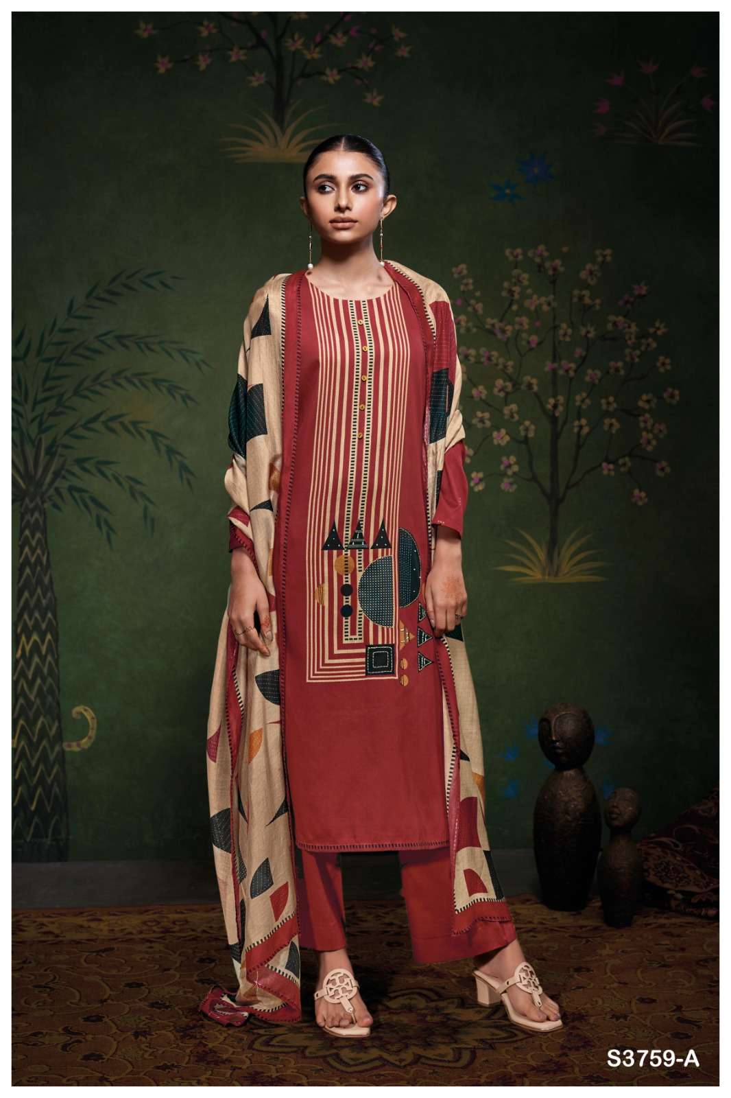 GANGA ESHLEEN 3759 SATIN COTTON PRINTED WITH EMBROIDERY WORK SUIT
