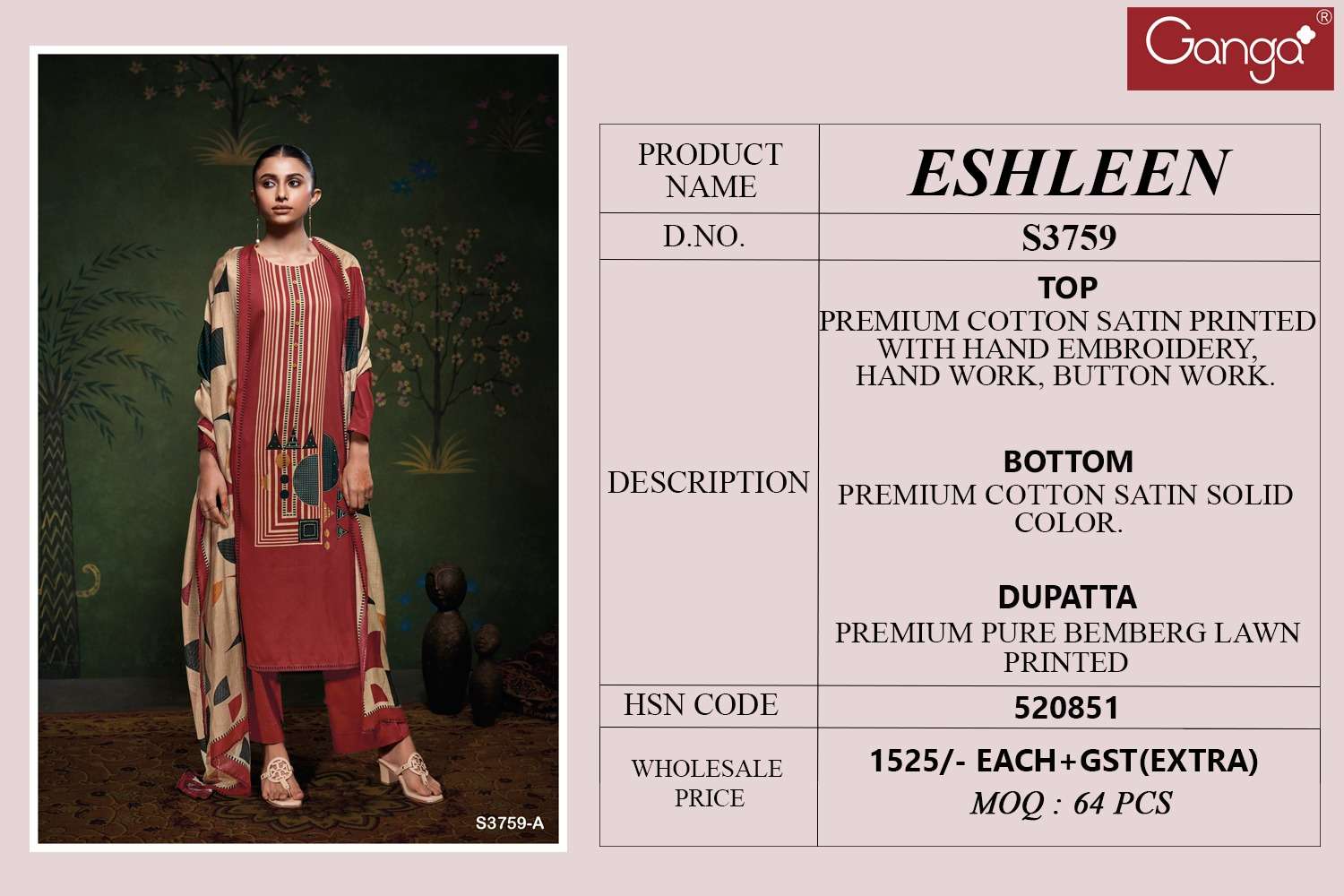 GANGA ESHLEEN 3759 SATIN COTTON PRINTED WITH EMBROIDERY WORK SUIT