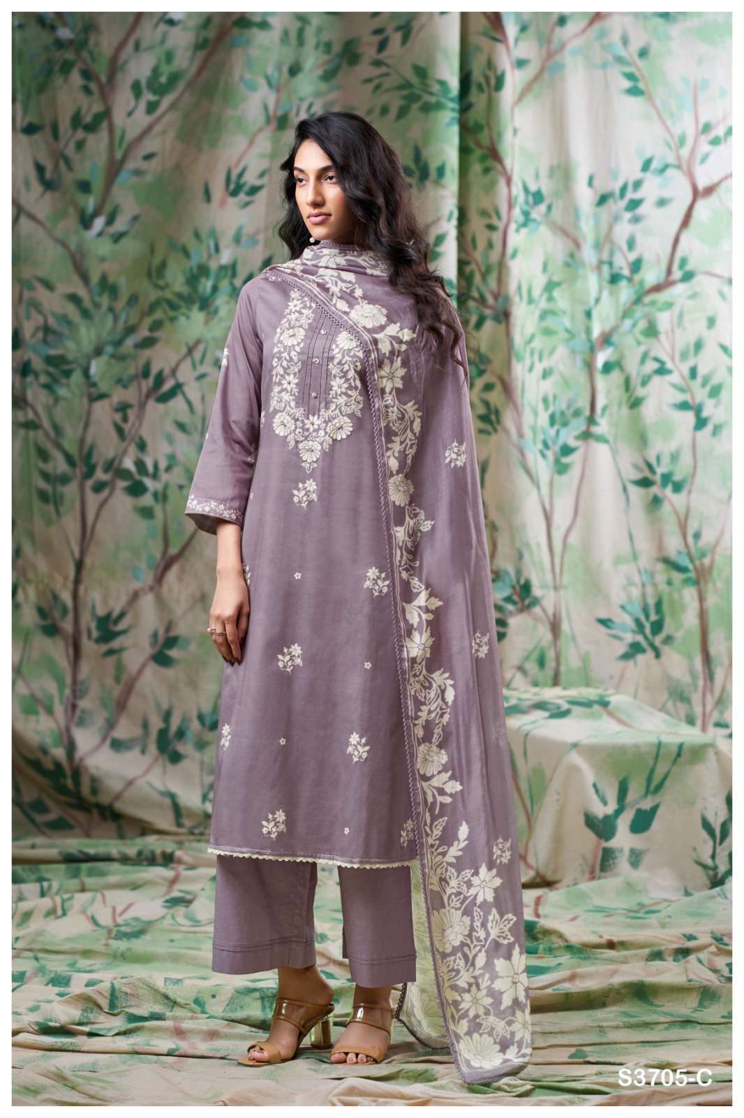 GANGA GISELLE 3705 SATIN COTTON PRINTED WITH EMBROIDERY DESIGNER WORK SUIT