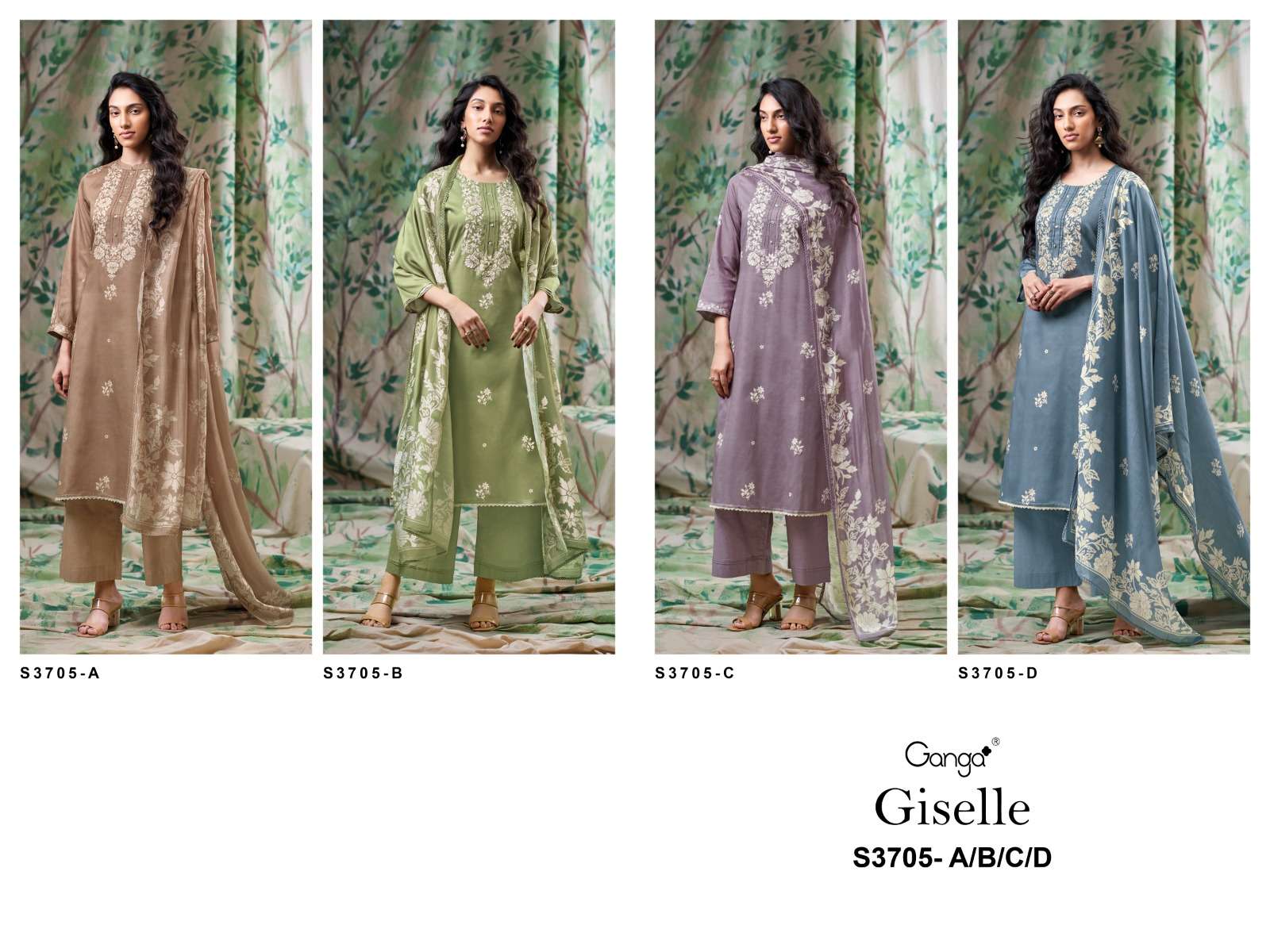 GANGA GISELLE 3705 SATIN COTTON PRINTED WITH EMBROIDERY DESIGNER WORK SUIT