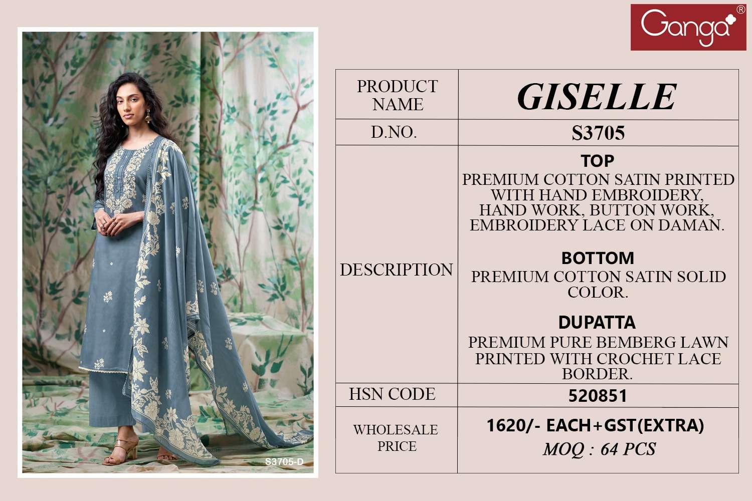 GANGA GISELLE 3705 SATIN COTTON PRINTED WITH EMBROIDERY DESIGNER WORK SUIT