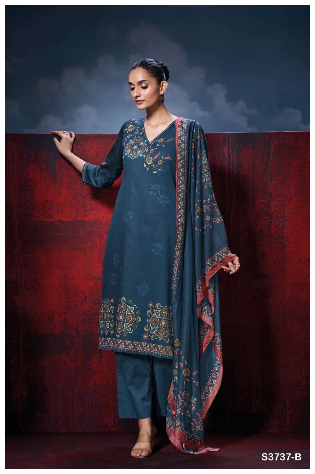 GANGA ZIRELIA 3737 SATIN COTTON PRINTED WITH DESIGNER WORK SUIT