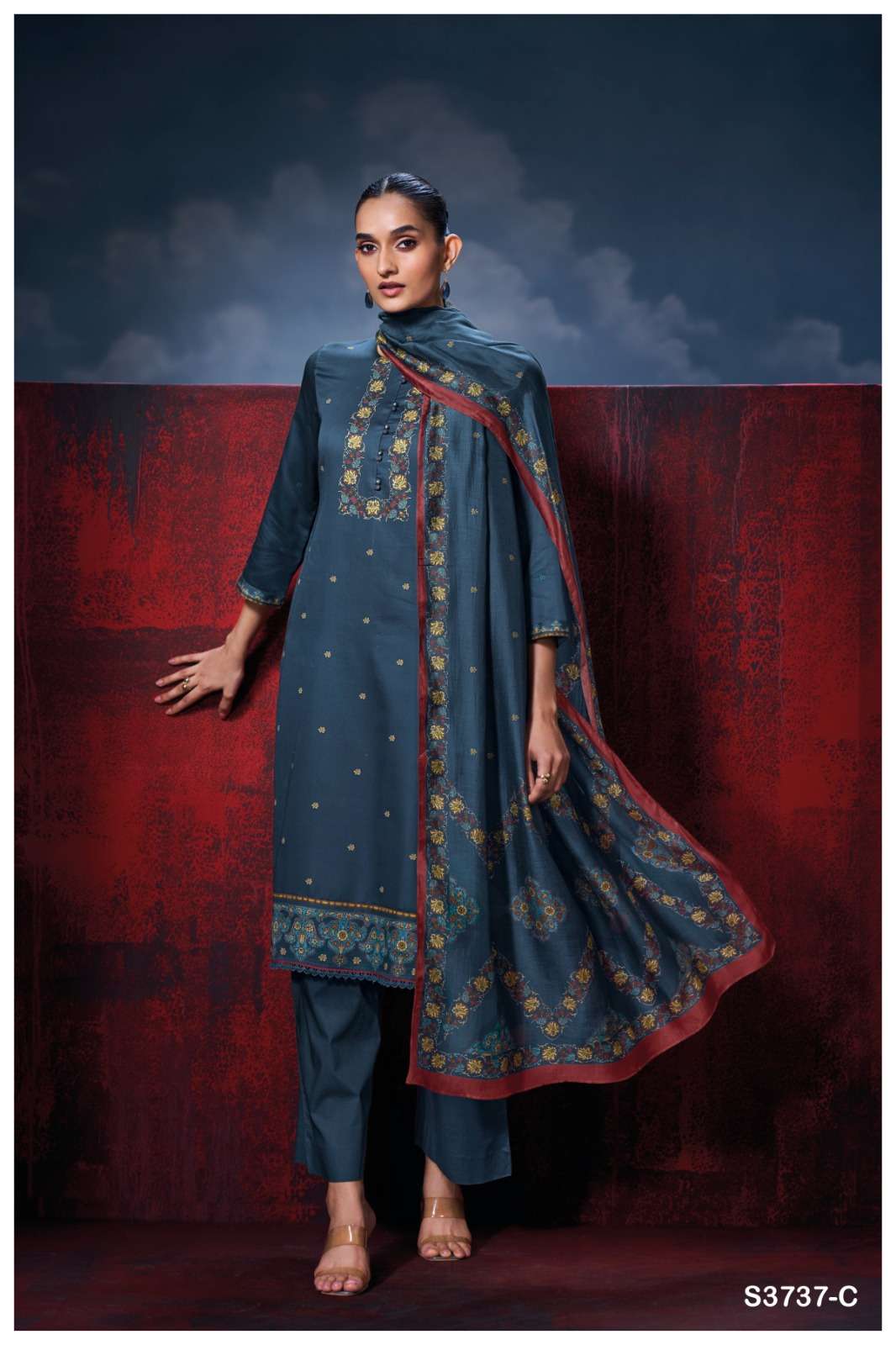 GANGA ZIRELIA 3737 SATIN COTTON PRINTED WITH DESIGNER WORK SUIT