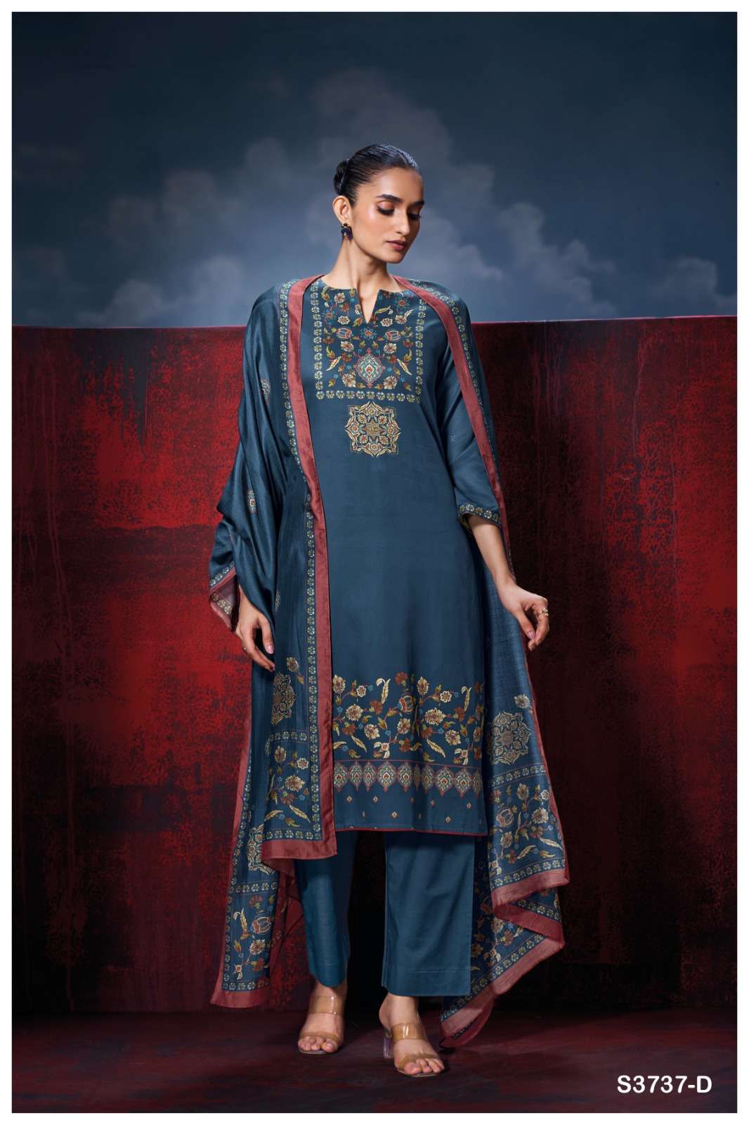 GANGA ZIRELIA 3737 SATIN COTTON PRINTED WITH DESIGNER WORK SUIT