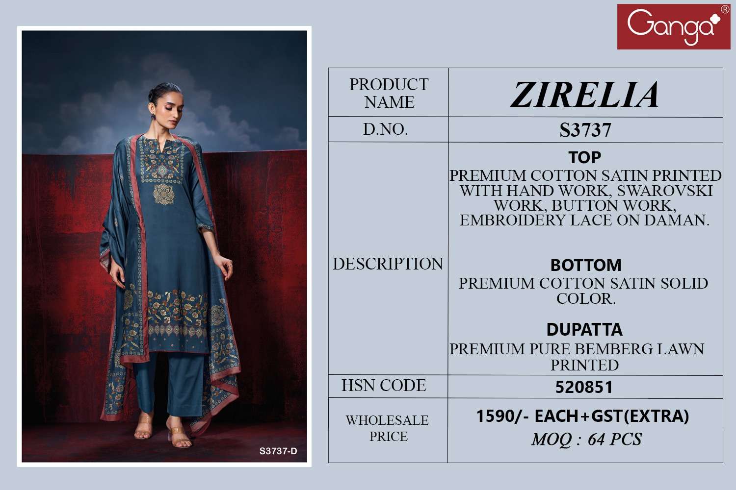 GANGA ZIRELIA 3737 SATIN COTTON PRINTED WITH DESIGNER WORK SUIT