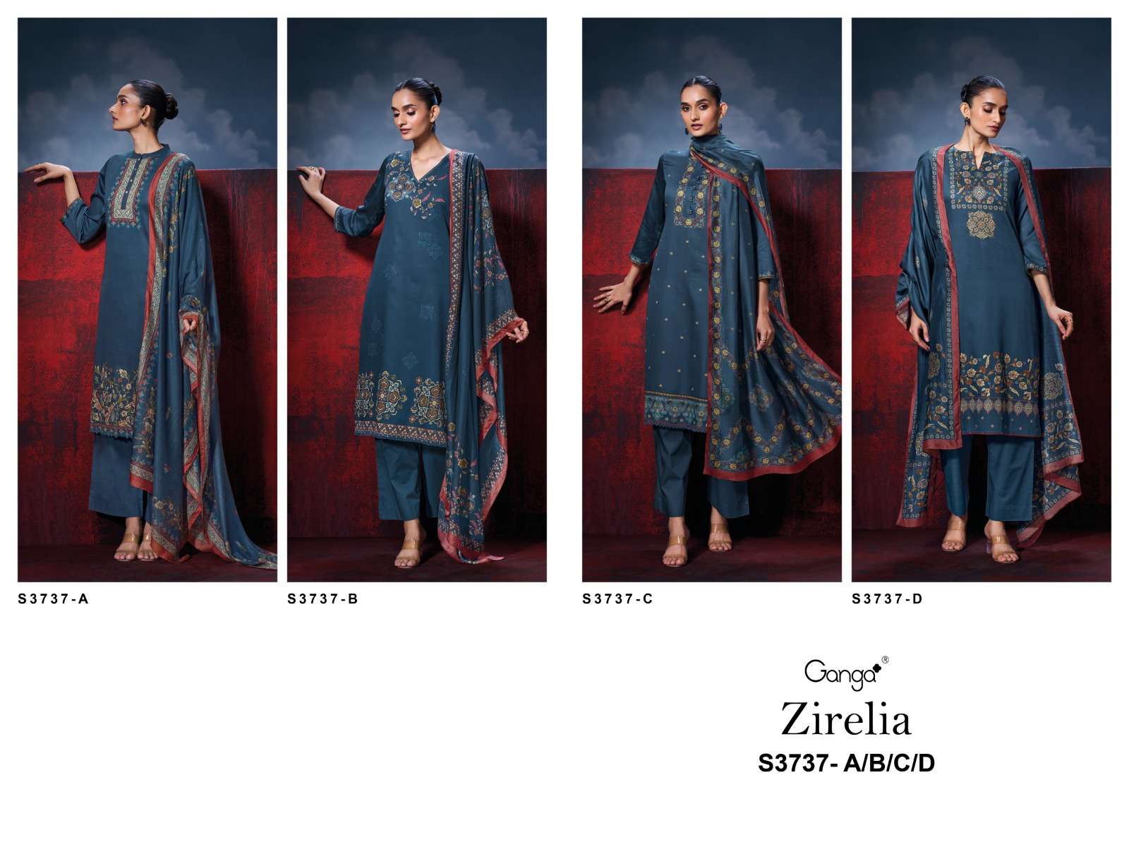 GANGA ZIRELIA 3737 SATIN COTTON PRINTED WITH DESIGNER WORK SUIT