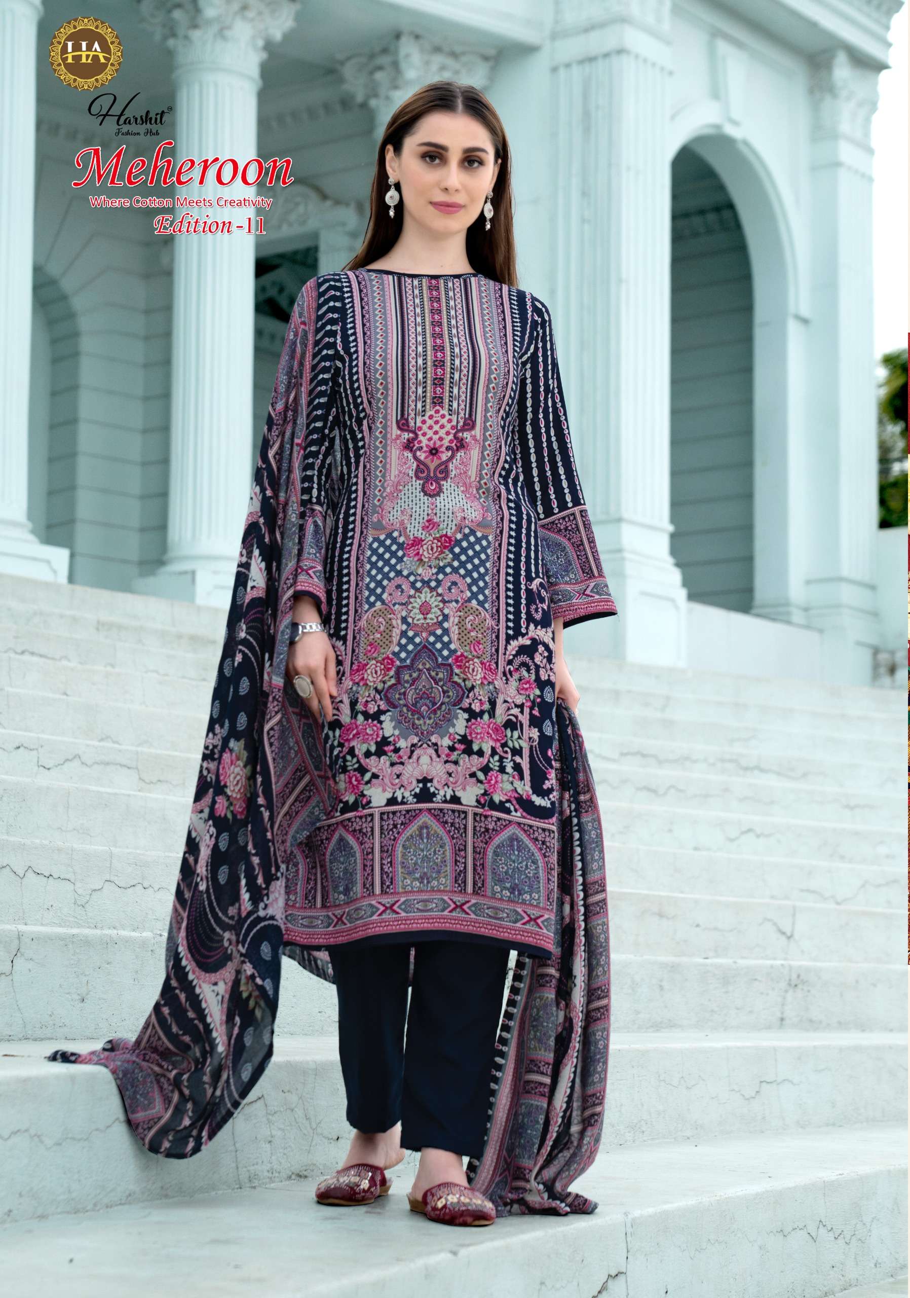 HARSHIT FASHION HUB MEHEROON EDITION VOL 11 VISCOSE PRINT WITH FANCY WORK SUIT