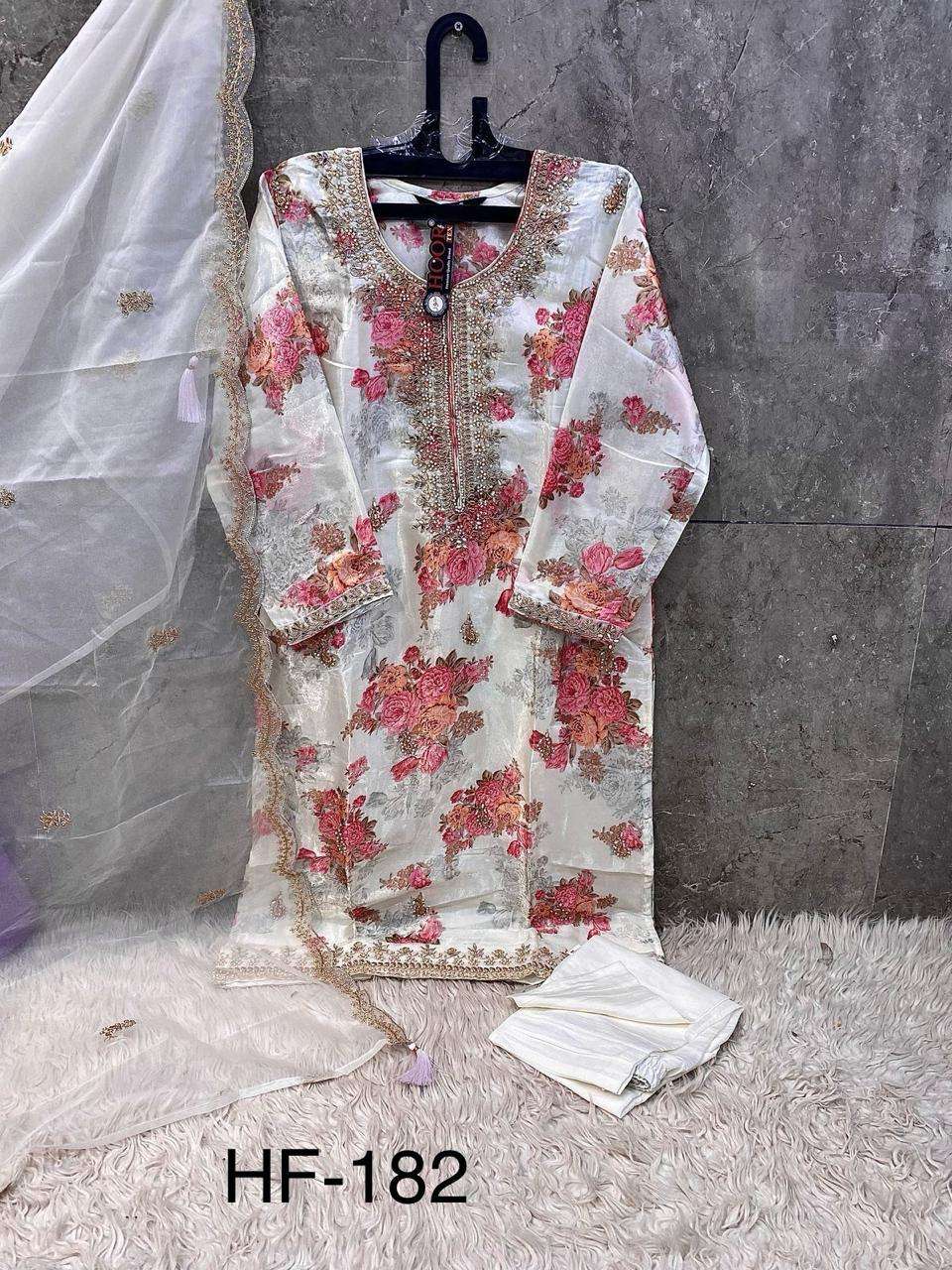 HOOR TEX HF 182 ORGANZA PRINTED WITH EMBROIDERY DESIGNER WORK SUIT