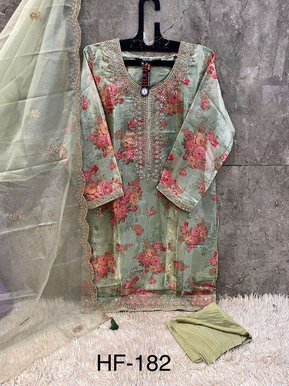 HOOR TEX HF 182 ORGANZA PRINTED WITH EMBROIDERY DESIGNER WORK SUIT