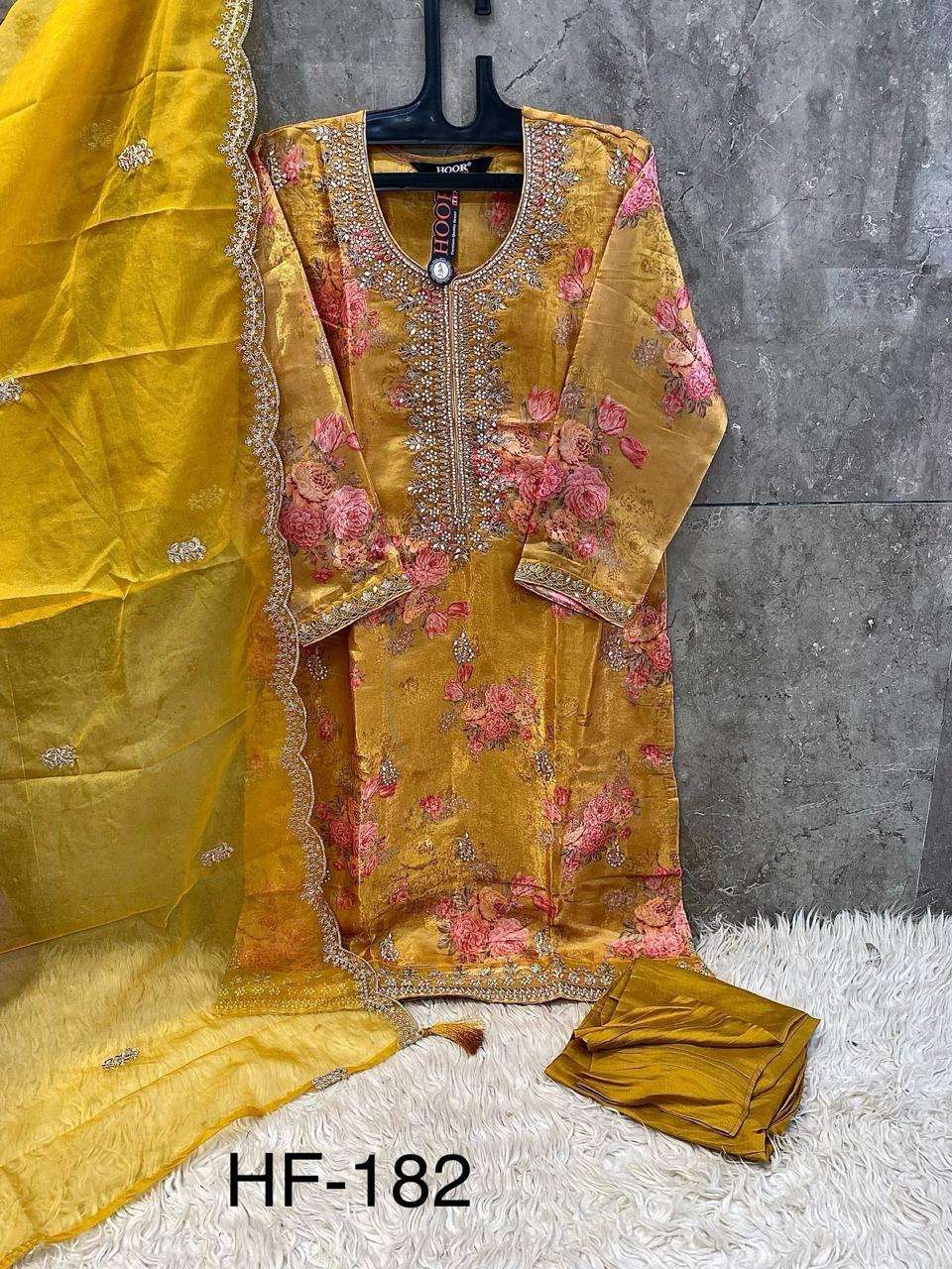 HOOR TEX HF 182 ORGANZA PRINTED WITH EMBROIDERY DESIGNER WORK SUIT