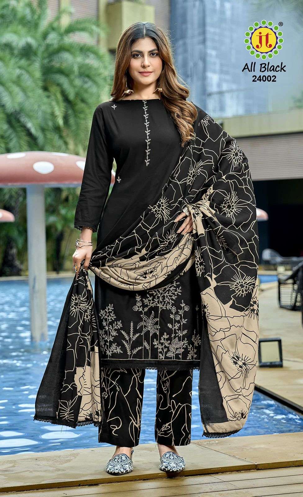 JT ALL BLACK VOL 24 RAYON PREMIUM EMBROIDERY WORKS SUIT   