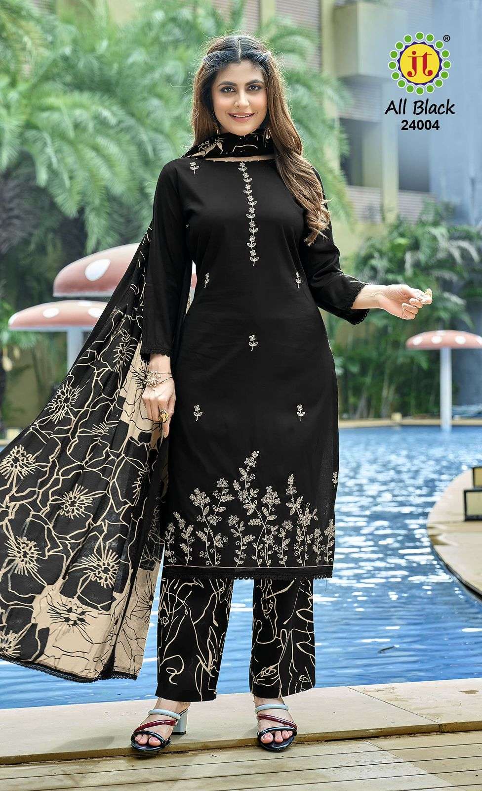 JT ALL BLACK VOL 24 RAYON PREMIUM EMBROIDERY WORKS SUIT   