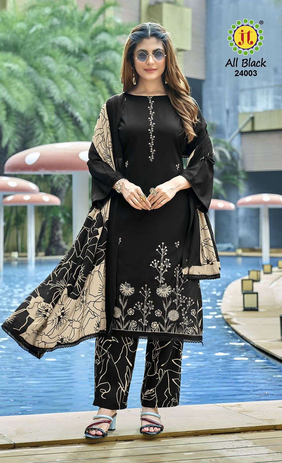 JT ALL BLACK VOL 24 RAYON PREMIUM EMBROIDERY WORKS SUIT   