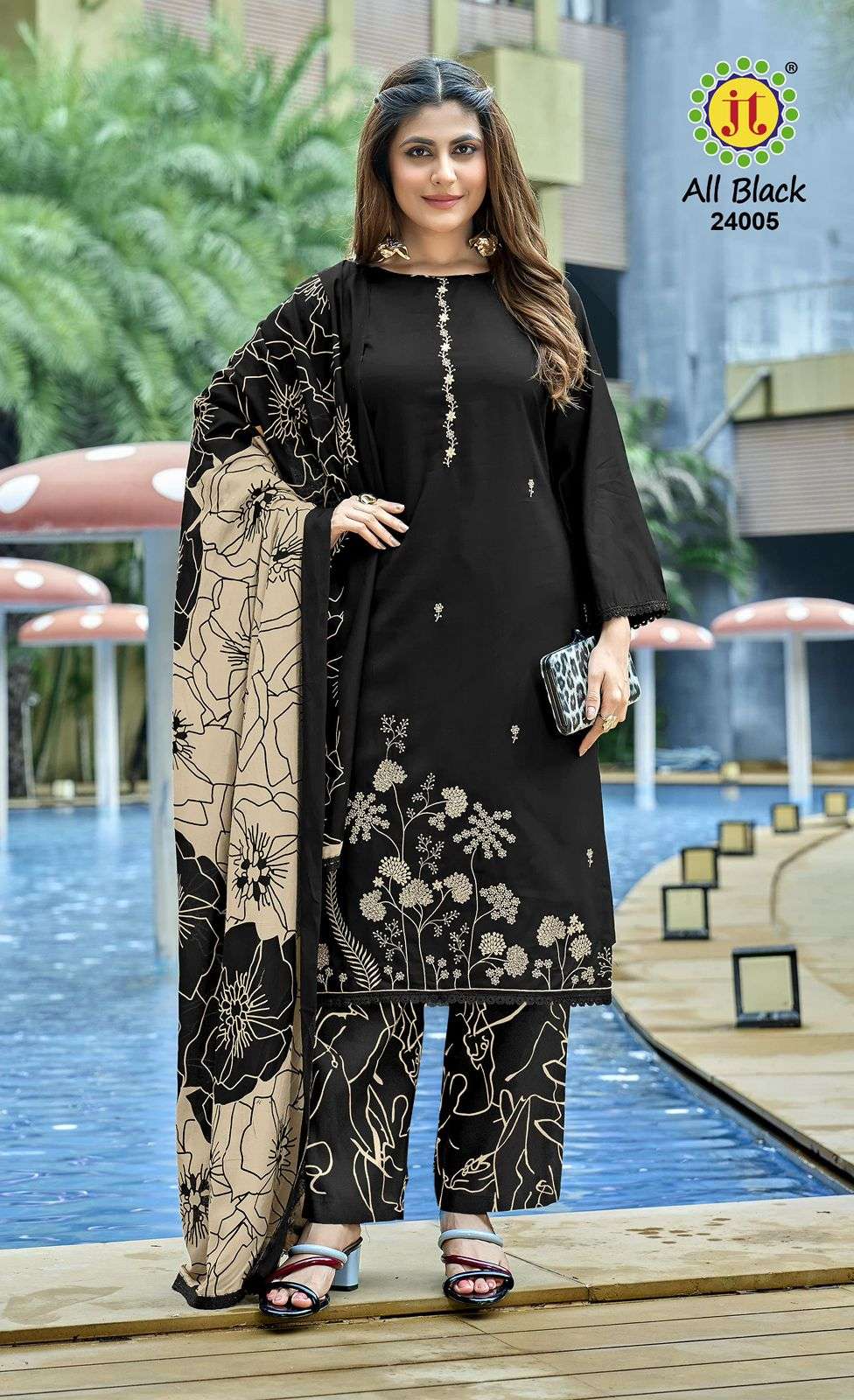 JT ALL BLACK VOL 24 RAYON PREMIUM EMBROIDERY WORKS SUIT   