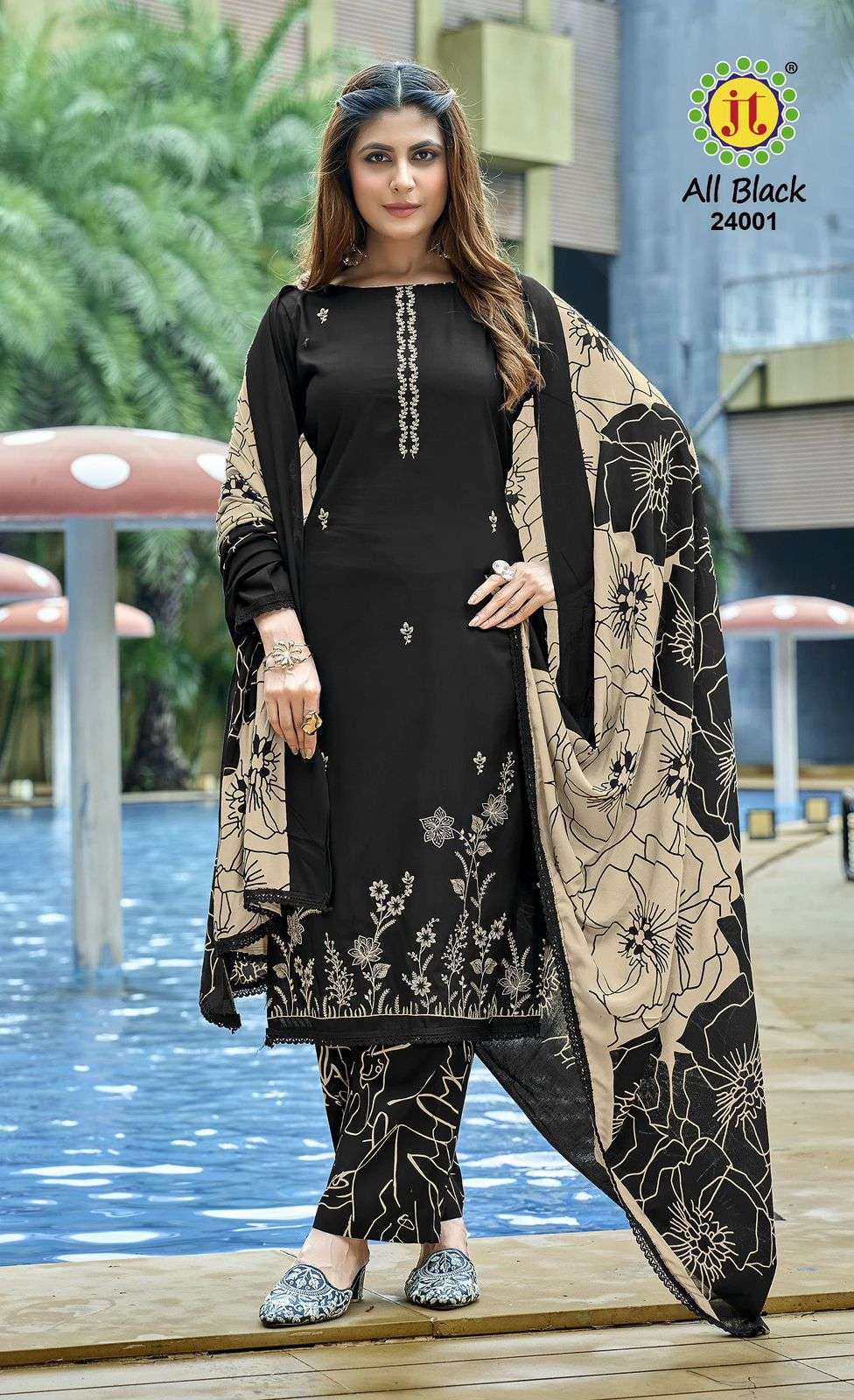 JT ALL BLACK VOL 24 RAYON PREMIUM EMBROIDERY WORKS SUIT   