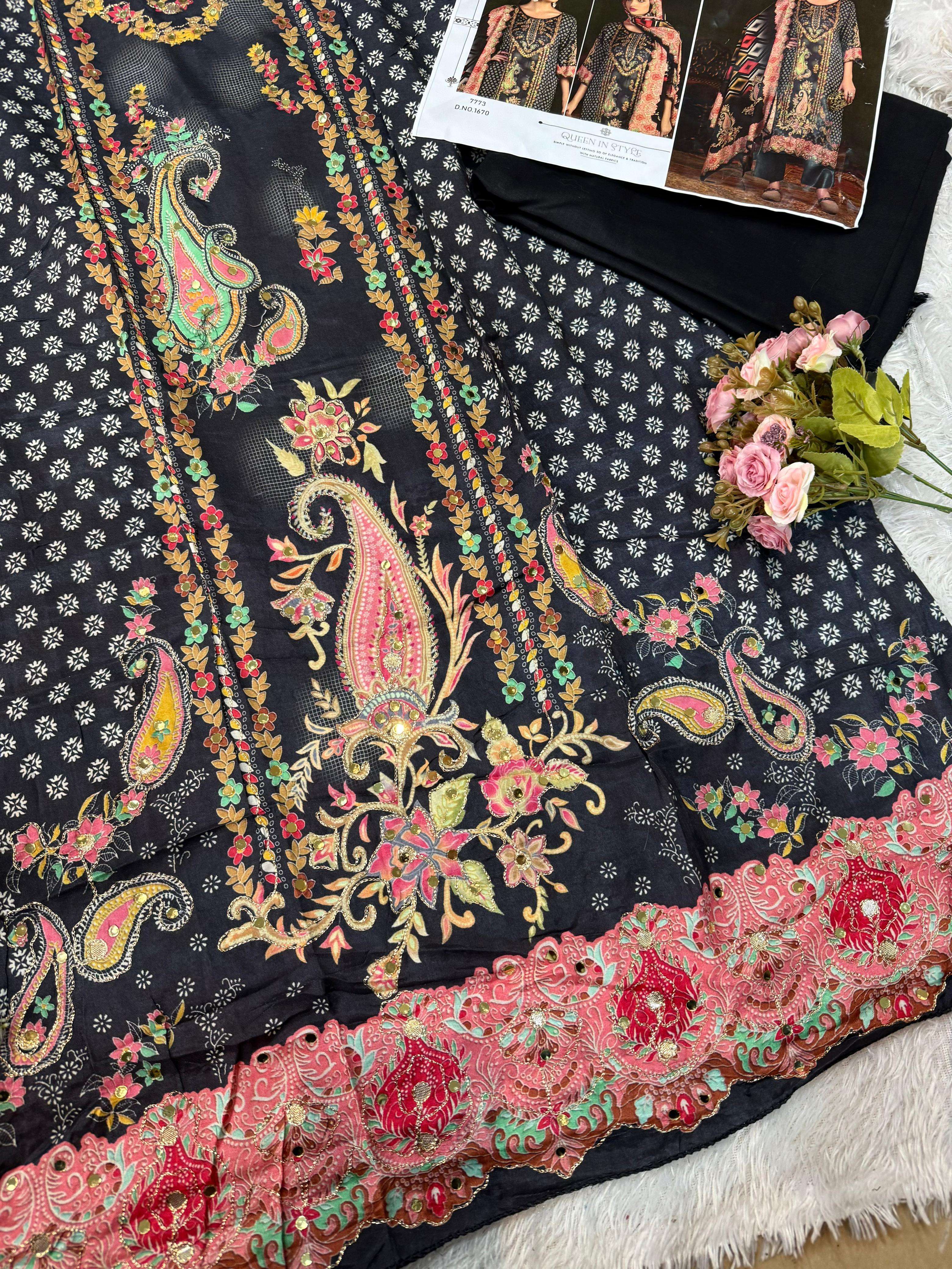 MEHBOOB TEX DESIGN NO - 1670-1671 PURE VISCOSE MUSLIN DIGITAL PRINT AARI HANDWORK PAKISTANI SALWAR SUIT 