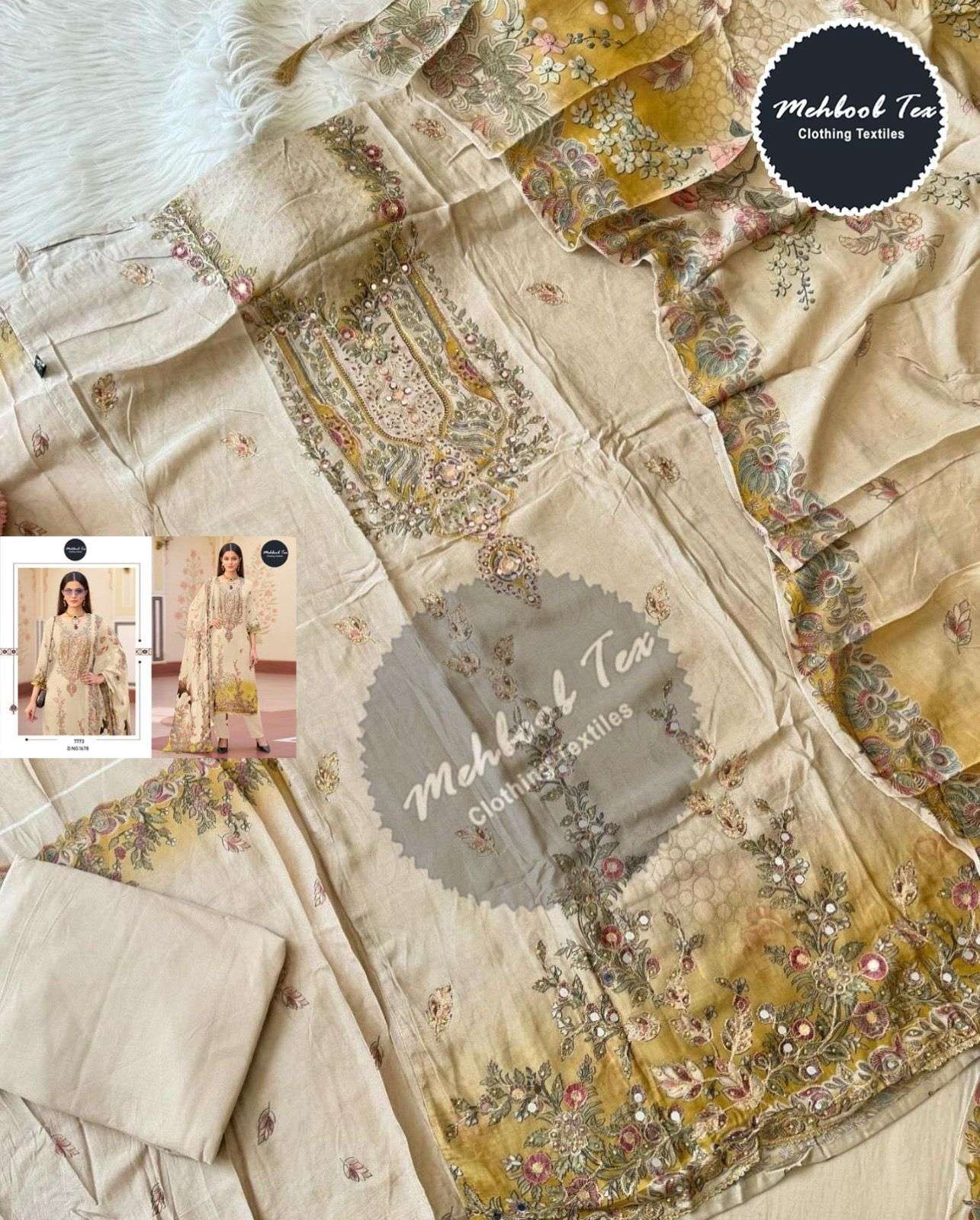 MEHBOOB TEX DESIGN NO - 1678 PURE VISCOSE MUSLIN DIGITAL PRINT AARI HANDWROK PAKISTANI SALWAR SUIT 