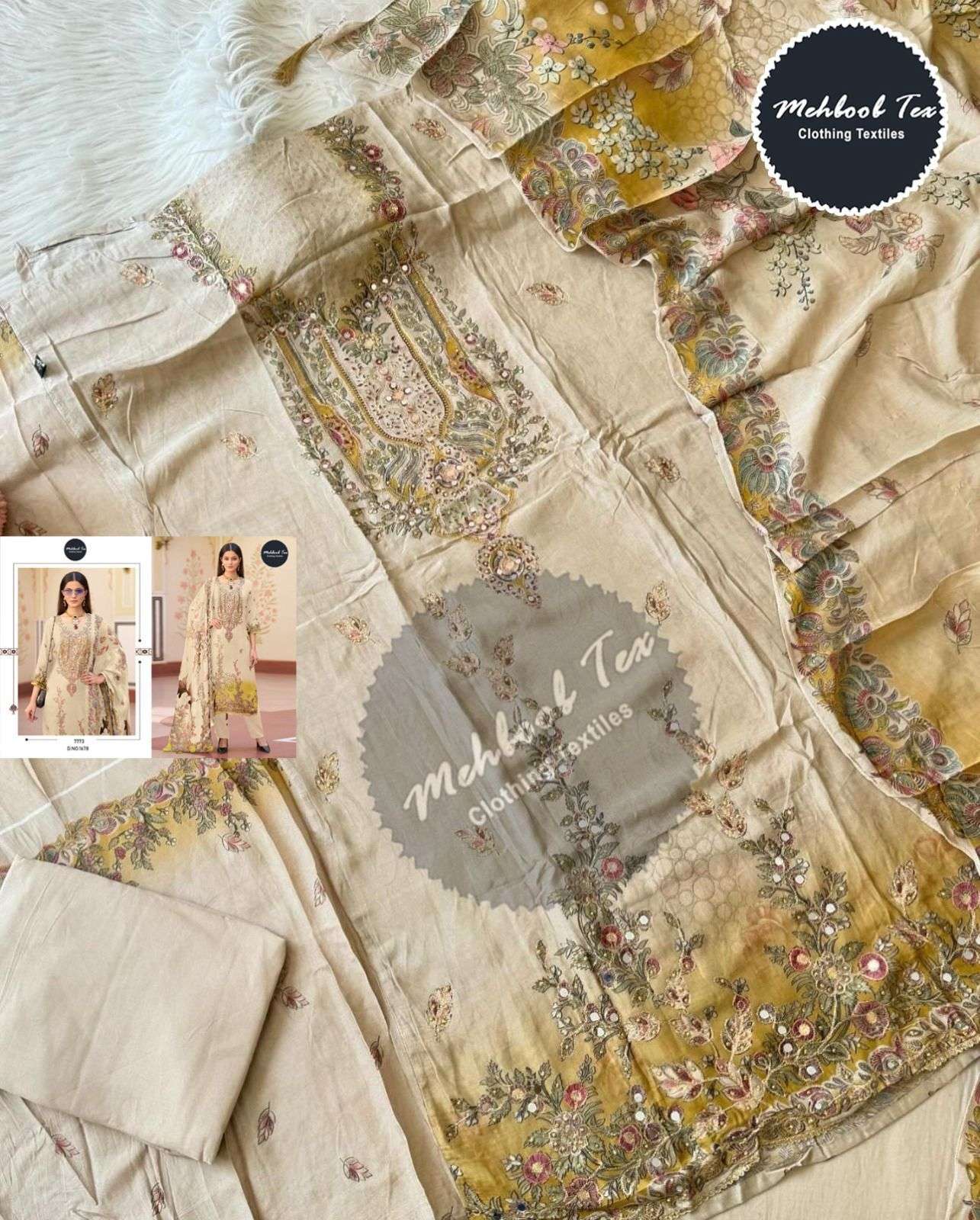 MEHBOOB TEX DESIGN NO - 1678 PURE VISCOSE MUSLIN DIGITAL PRINT AARI HANDWROK PAKISTANI SALWAR SUIT 