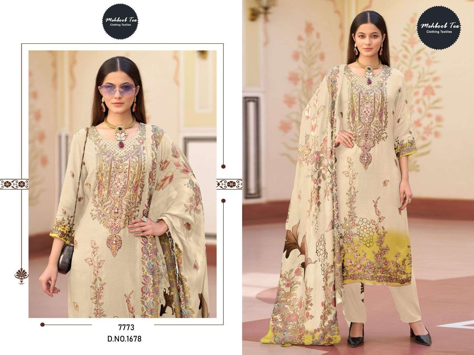 MEHBOOB TEX DESIGN NO - 1678 PURE VISCOSE MUSLIN DIGITAL PRINT AARI HANDWROK PAKISTANI SALWAR SUIT 