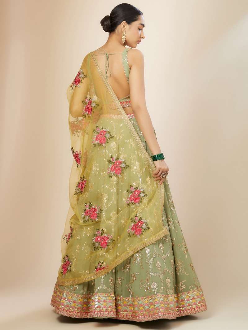 MF 5086 SAGE GREEN GEORGETTE HEAVY EMBROIDERED DESIGNER LEHENGA CHOLI