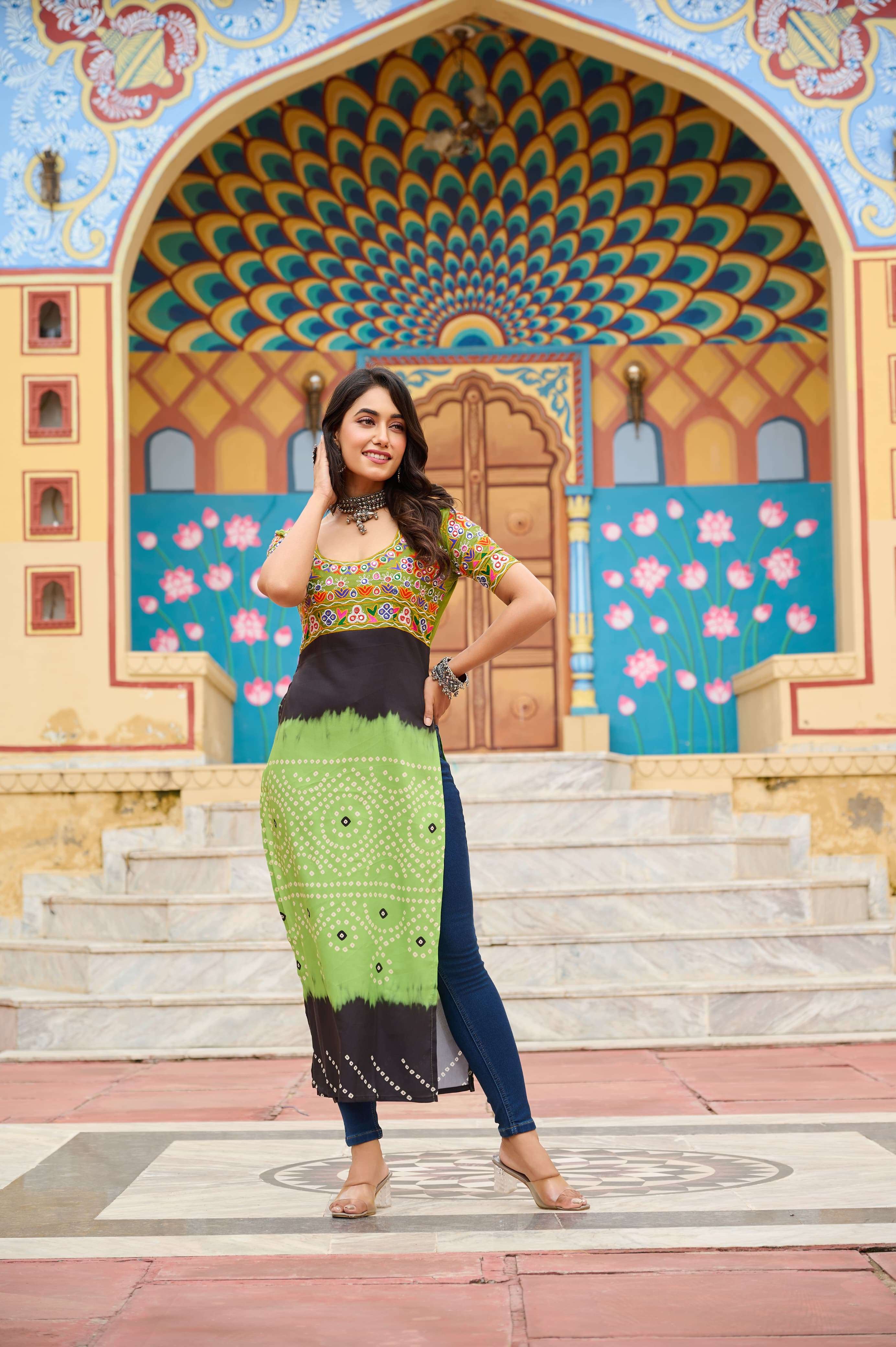 MF CODE 1190 RAYON PRINTED TRADITIONAL WORK NAVRATRI WEAR KURTI
