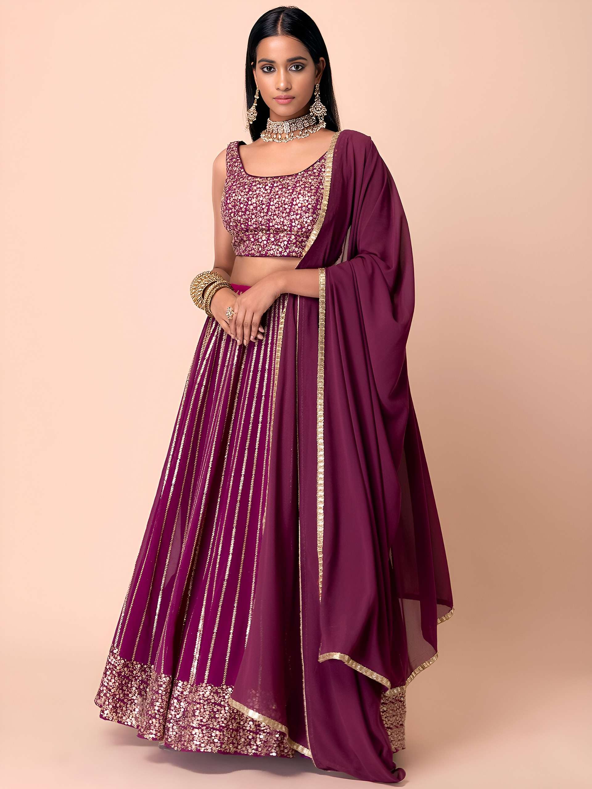 MF CODE 15067 WINE GEORGETTE GLAMOUR LOOK DESIGNER WEDDING WEAR LEHENGA 