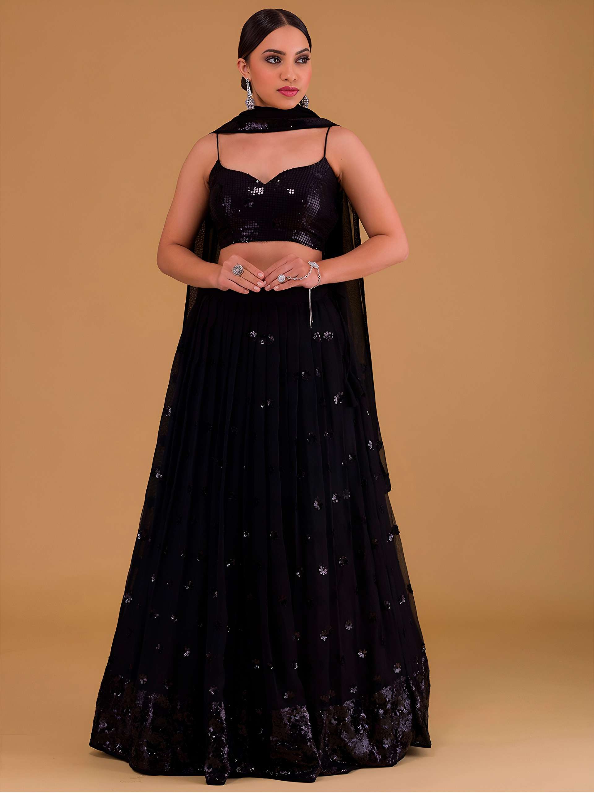 MF CODE 15068 BLACK GEORGETTE BEAUTIFUL LOOK DESIGNER FESTIVE WEAR LEHENGA 