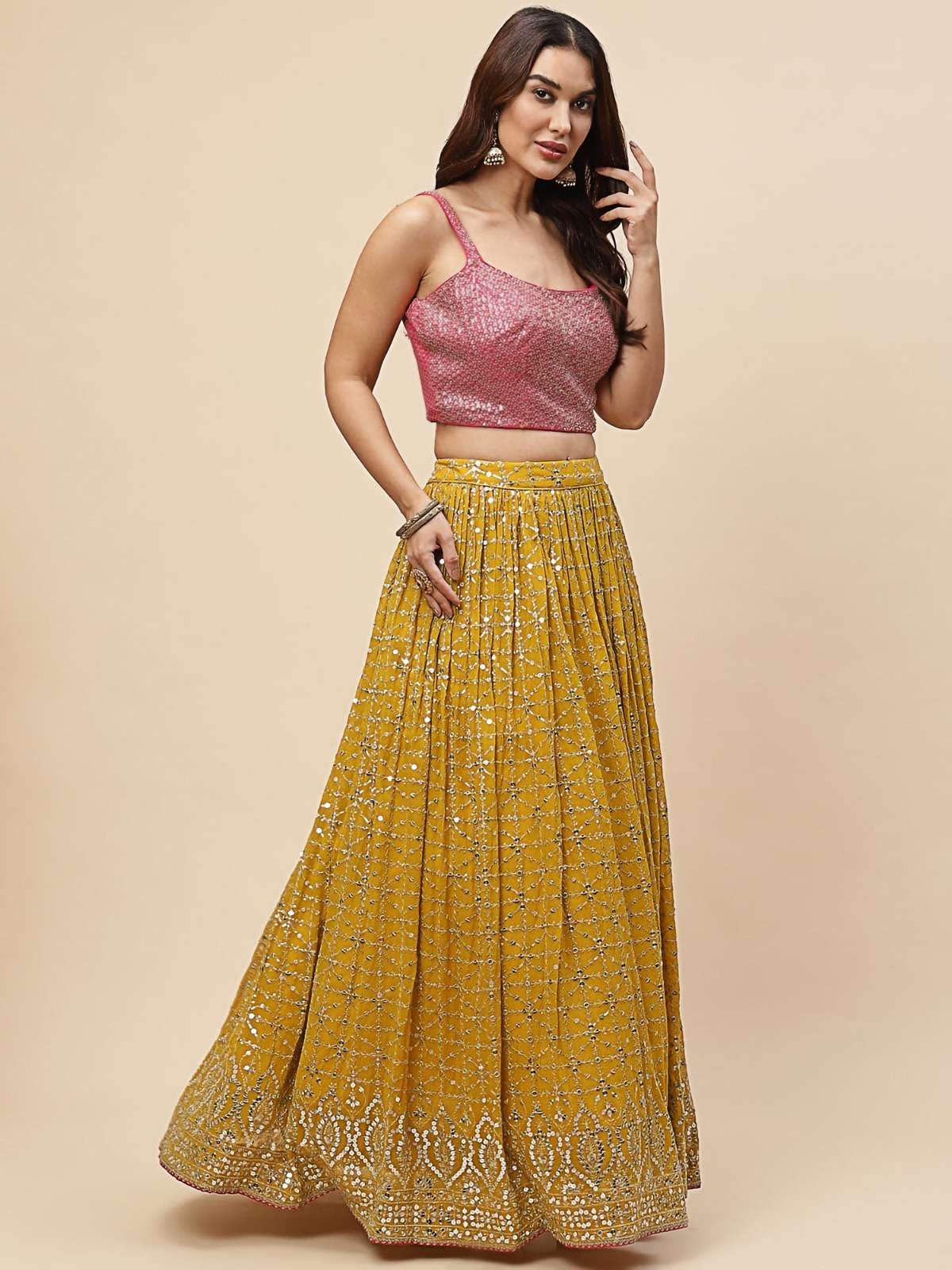 MF CODE 5076 YELLOW GEORGETTE BEAUTIFUL DESIGNER FESTIVE WEAR LEHENGA CHOLI 