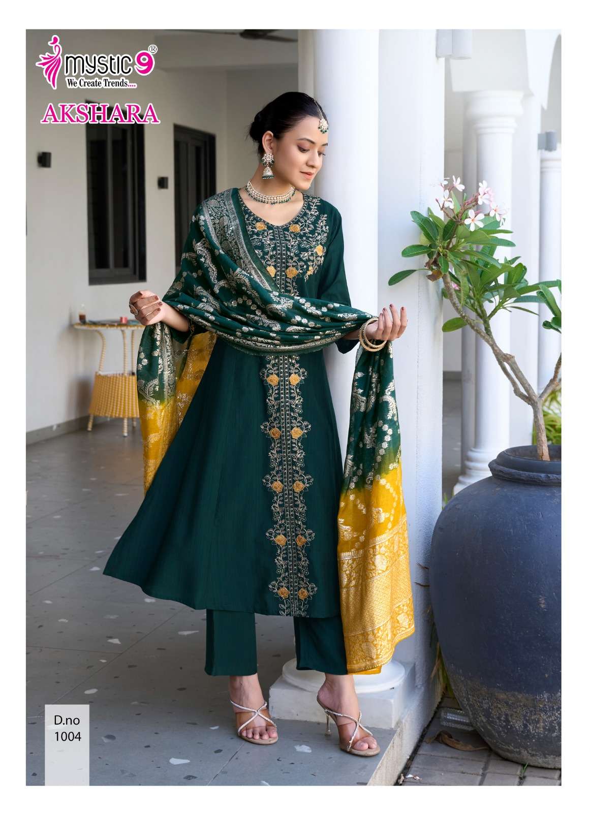  MYSTIC 9 AKSHARA VOL 1 FANCY EMBROIDERY WORKS LADIES KURTI COMBO SET 