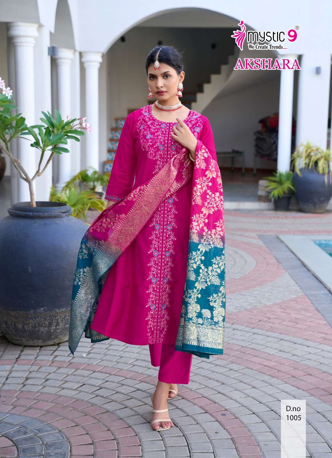  MYSTIC 9 AKSHARA VOL 1 FANCY EMBROIDERY WORKS LADIES KURTI COMBO SET 