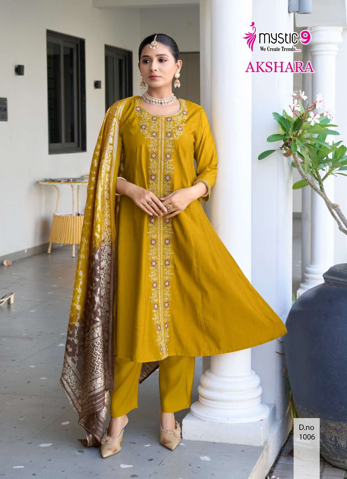  MYSTIC 9 AKSHARA VOL 1 FANCY EMBROIDERY WORKS LADIES KURTI COMBO SET 