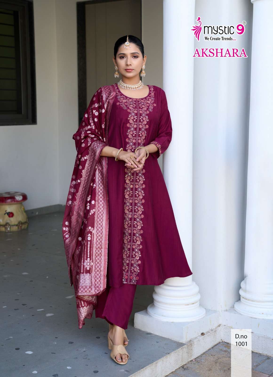  MYSTIC 9 AKSHARA VOL 1 FANCY EMBROIDERY WORKS LADIES KURTI COMBO SET 