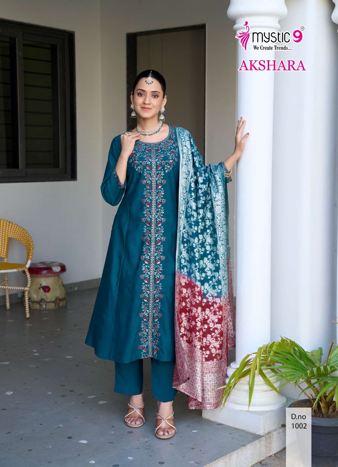  MYSTIC 9 AKSHARA VOL 1 FANCY EMBROIDERY WORKS LADIES KURTI COMBO SET 