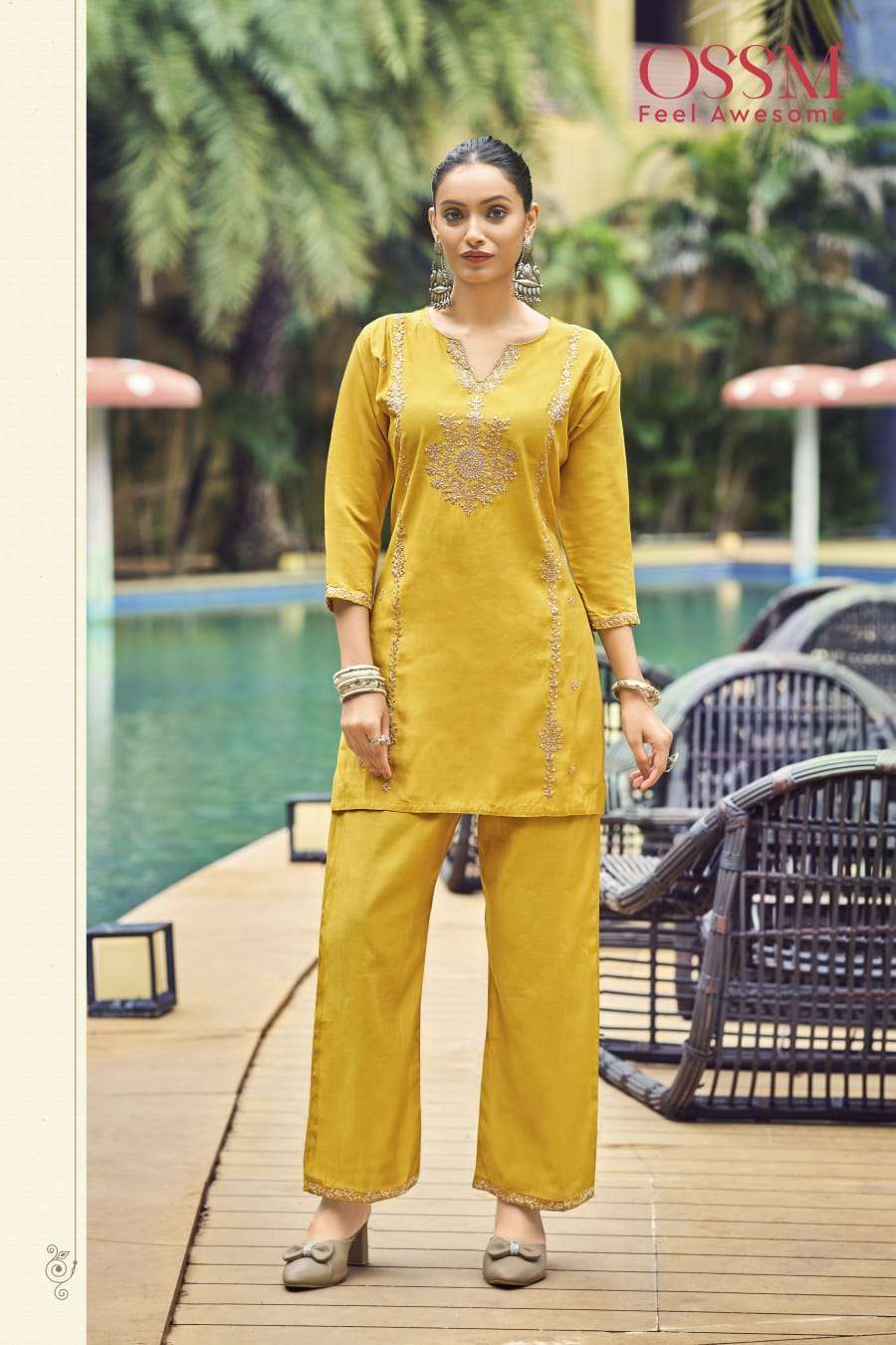 OSSM CELEBRATIONS SILK FANCY EMBROIDERIES WORK LADIES TOP WITH PANT PAIR 